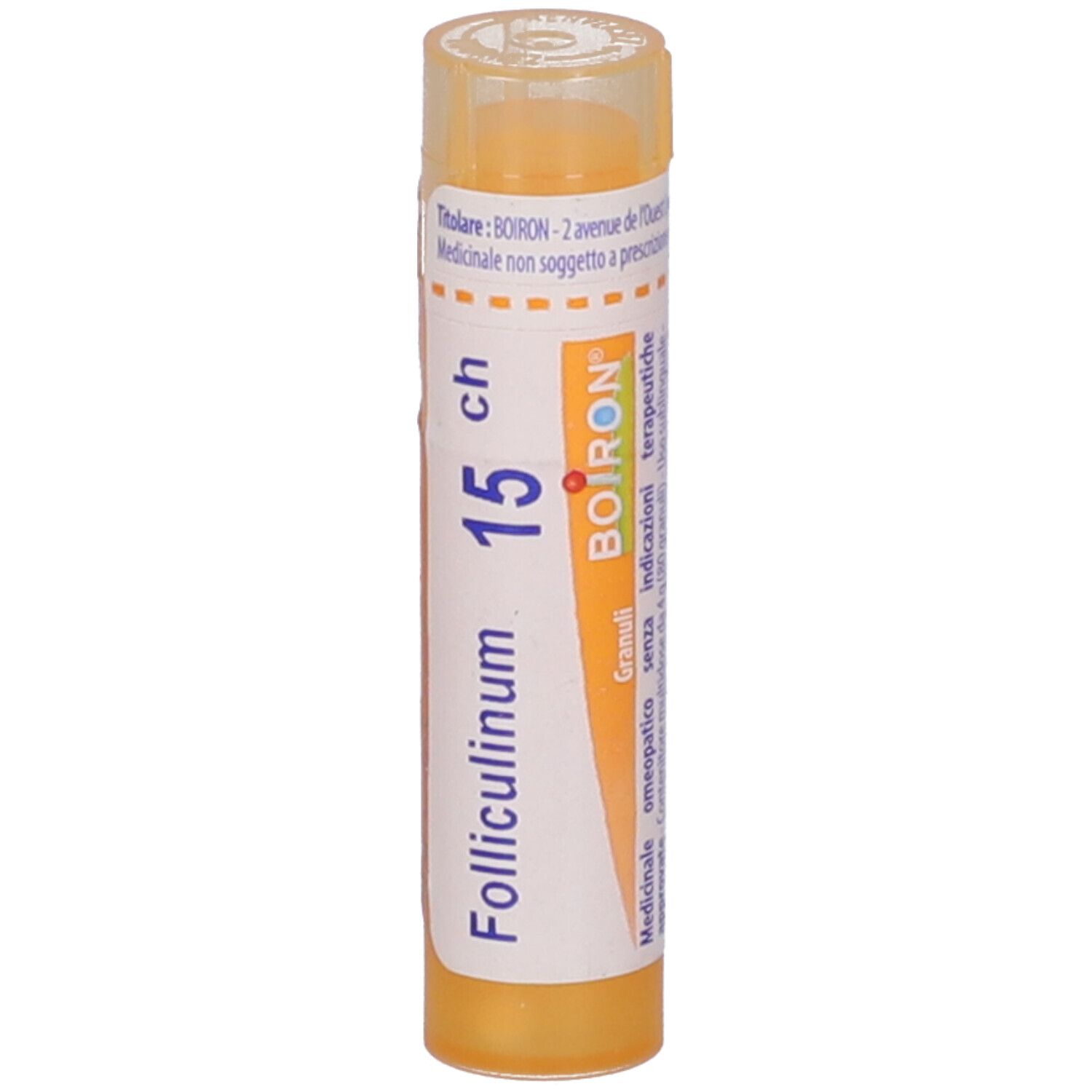 Confezione cilindrica gialla con etichetta bianca. Scritta: Folliculinum 15 ch, BOIRON, Granuli.