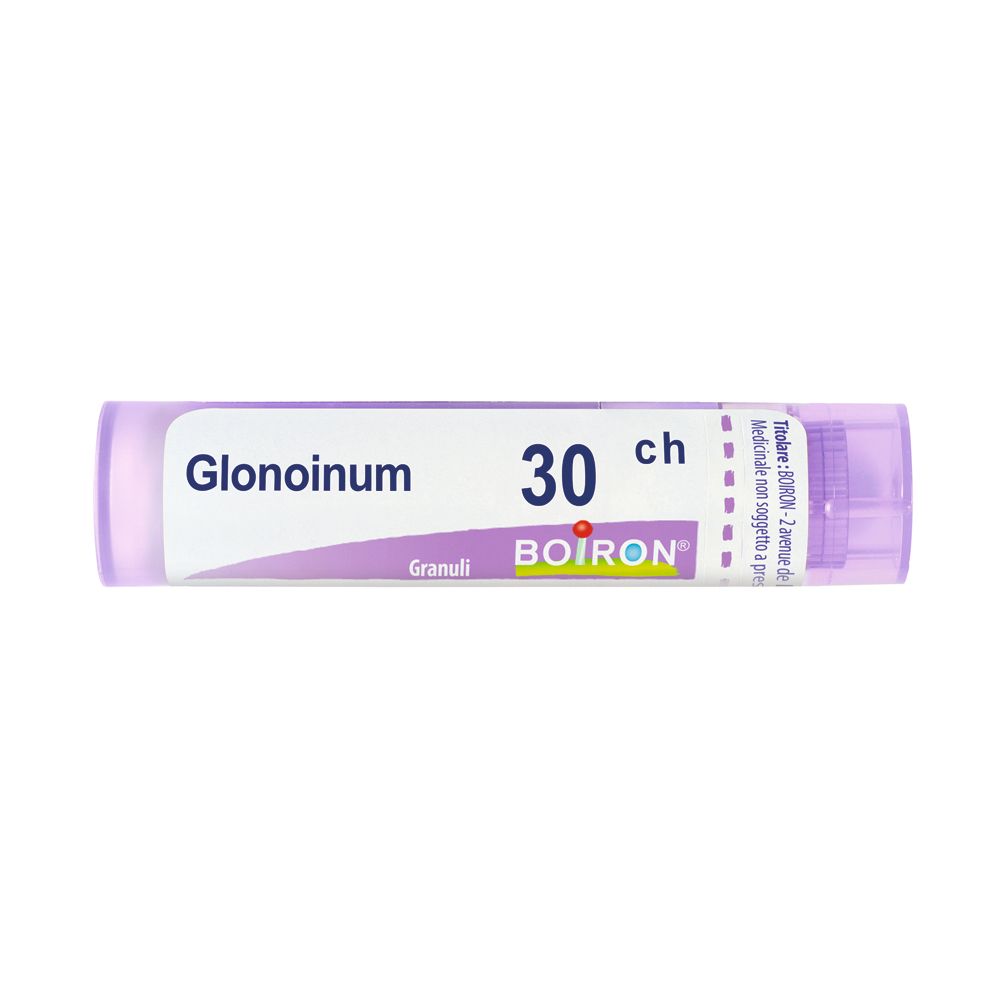 Confezione cilindrica viola con etichetta bianca. Scritta: Glonoinum 30 ch, BOIRON, Granuli.