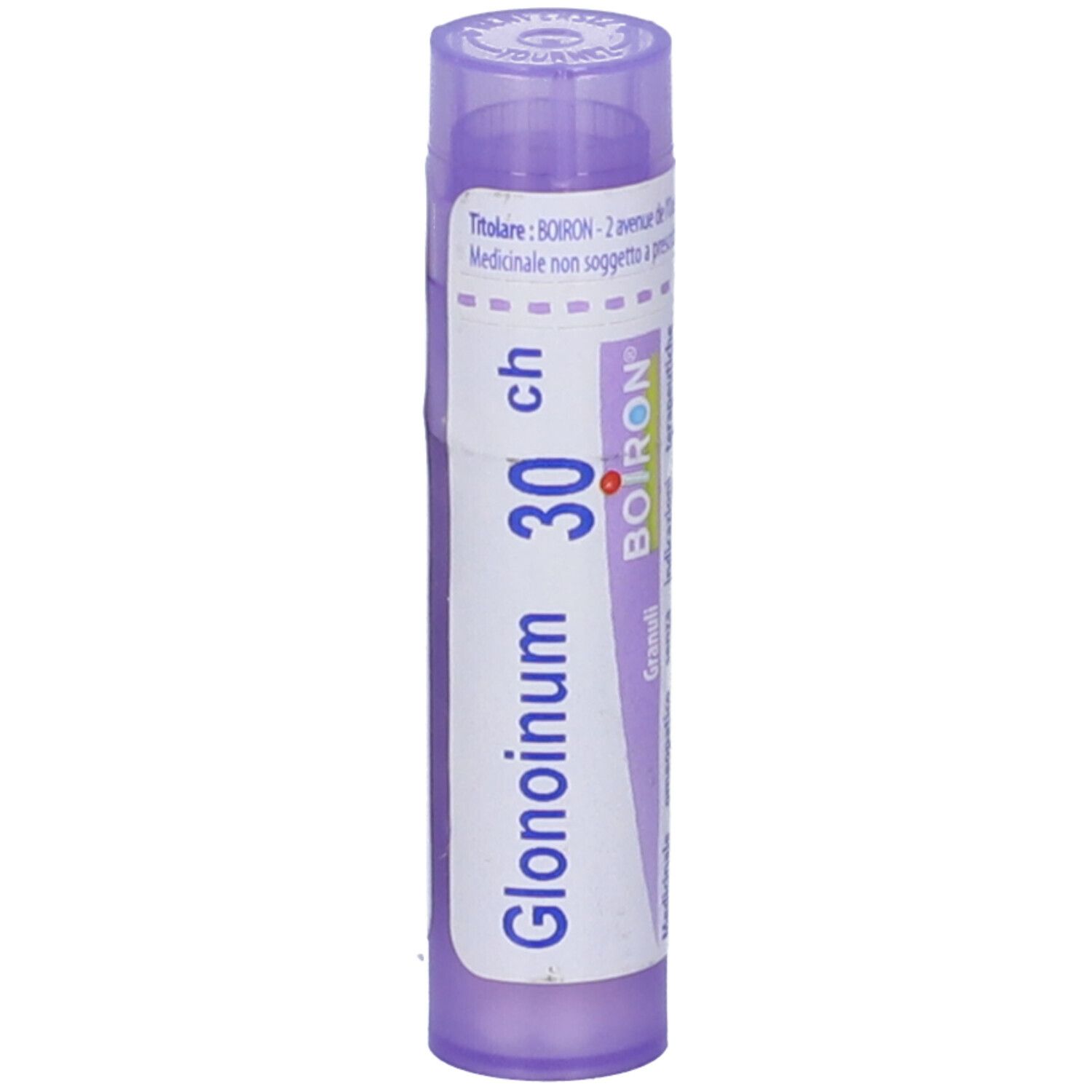 Confezione cilindrica viola. Scritta: Glonoinum 30 ch, BOIRON. Granuli visibili.