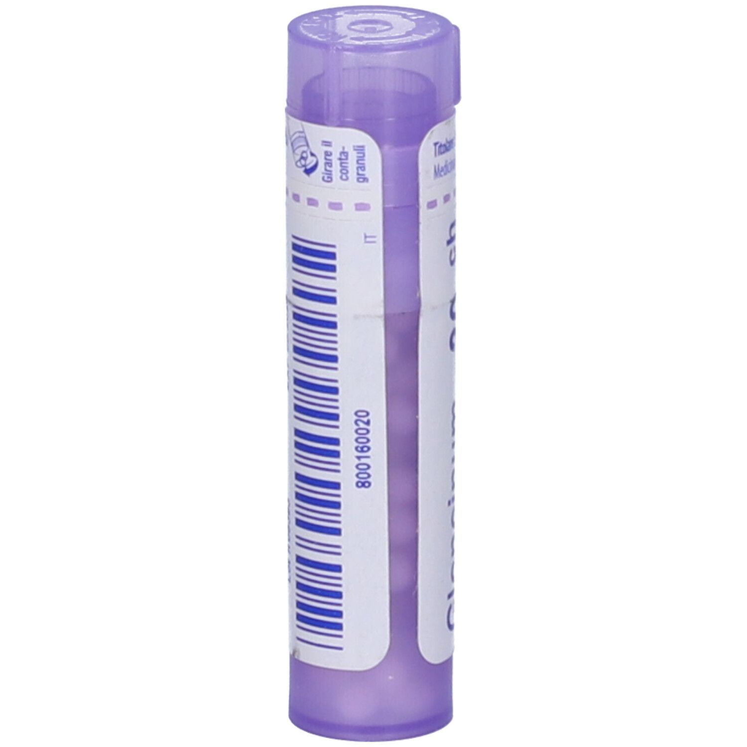 Confezione cilindrica viola con codice a barre e scritte bianche. Contiene granuli.
