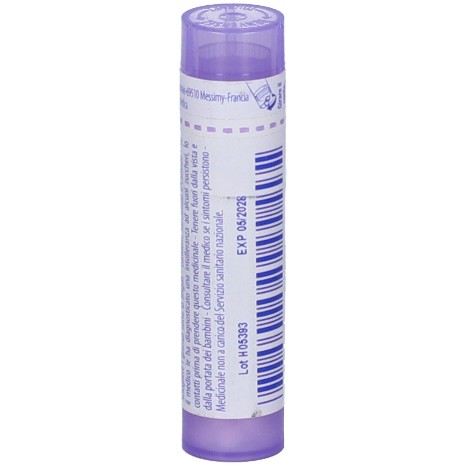 Confezione cilindrica viola. Scritta: EXP 05/2026. Altre scritte bianche.
