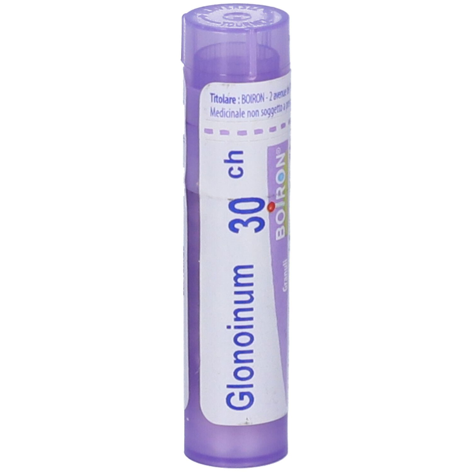 Confezione cilindrica viola. Scritta: Glonoinum 30 ch, BOIRON. Granuli.