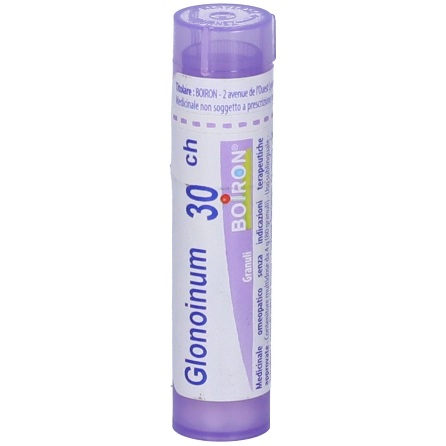 Confezione cilindrica viola. Scritta: Glonoinum 30 ch, BOIRON, Granuli. Aperto in alto.