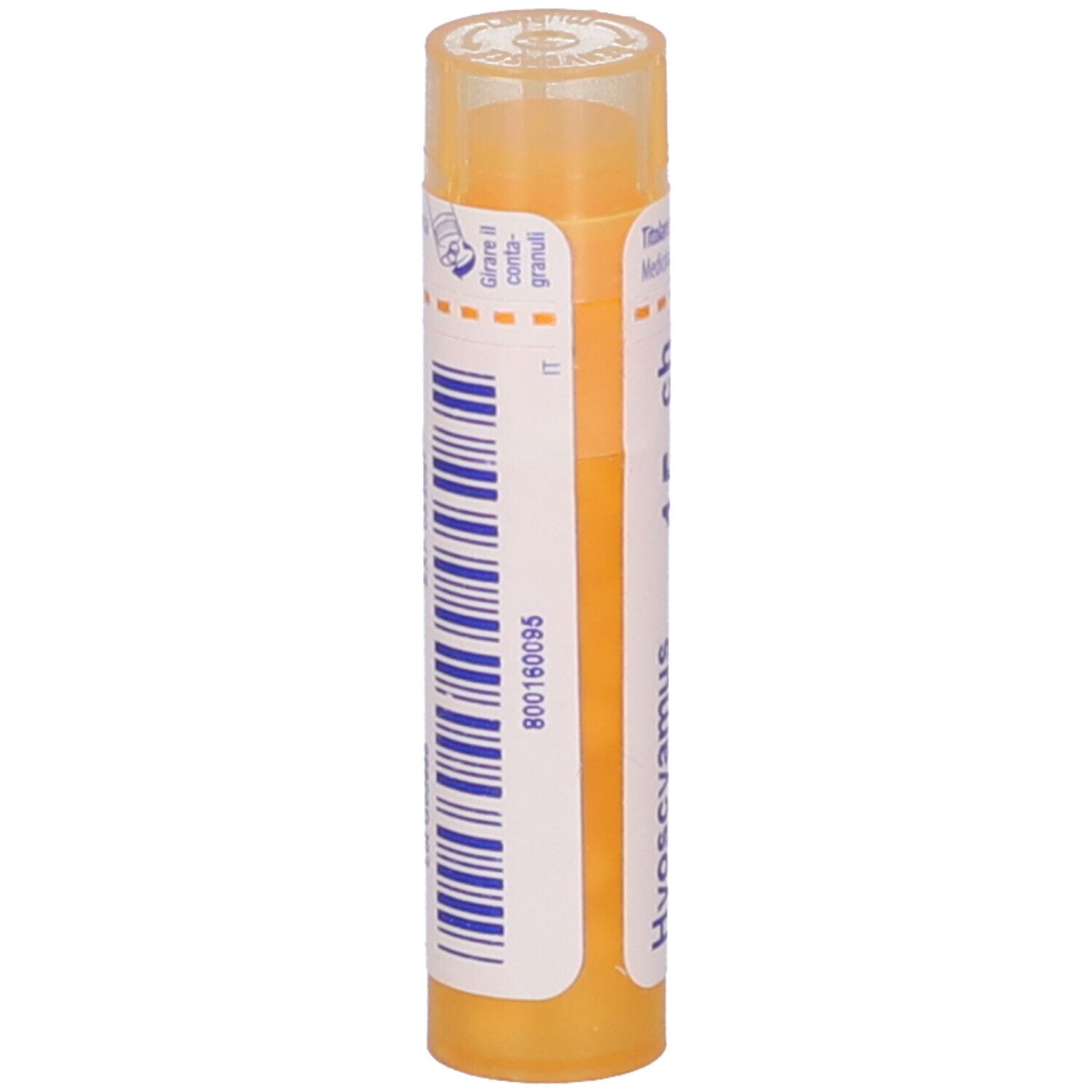 Confezione cilindrica, tappo giallo. Codice a barre e testo su etichetta bianca. Sfondo arancione. Vista verticale.