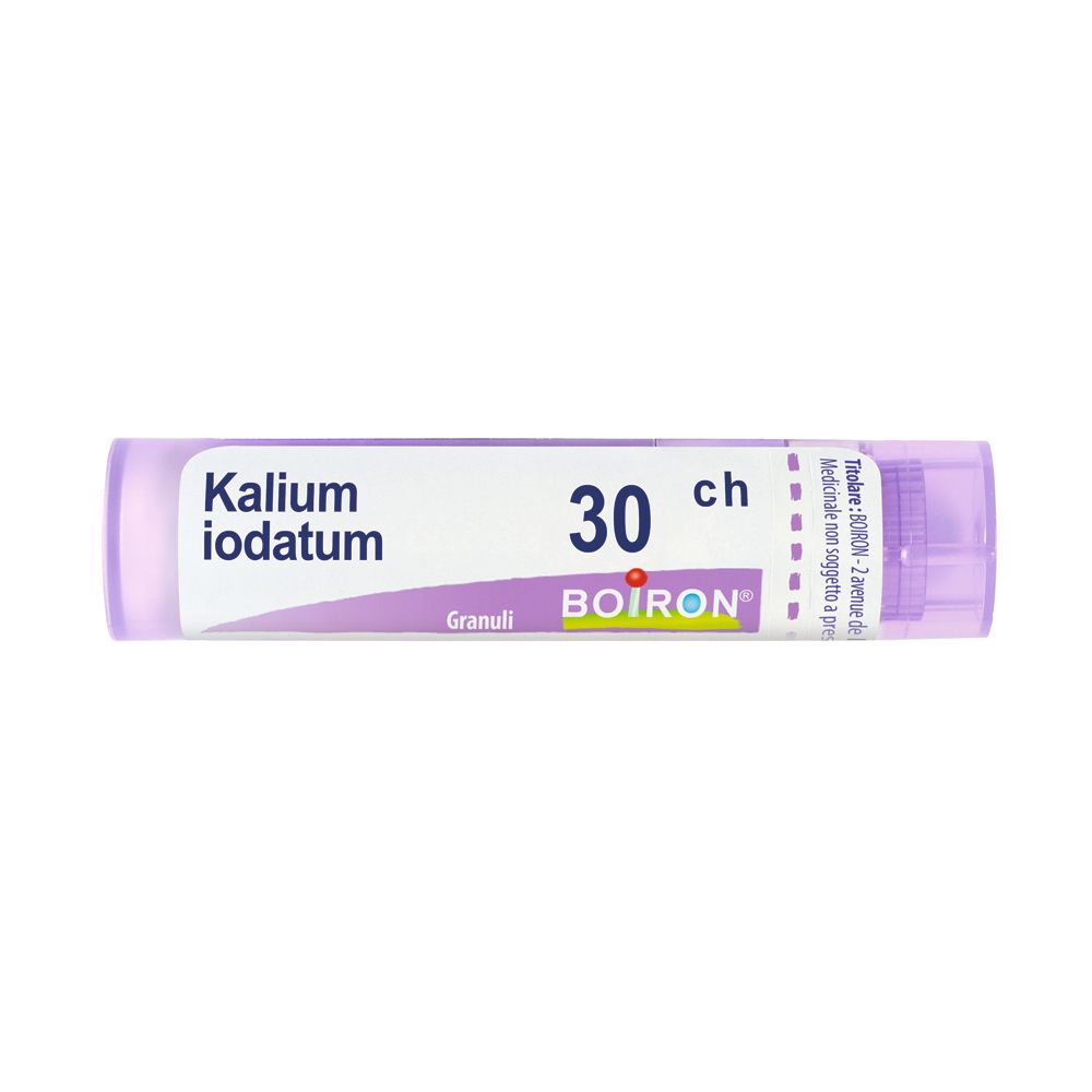 Confezione cilindrica di BOIRON® Kalium Iodatum 30 Ch Granuli. Tappo e testo viola.