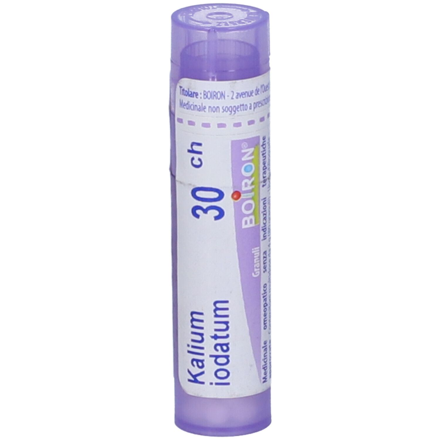 Confezione cilindrica di BOIRON® Kalium Iodatum 30 Ch Granuli. Tappo e testo viola.