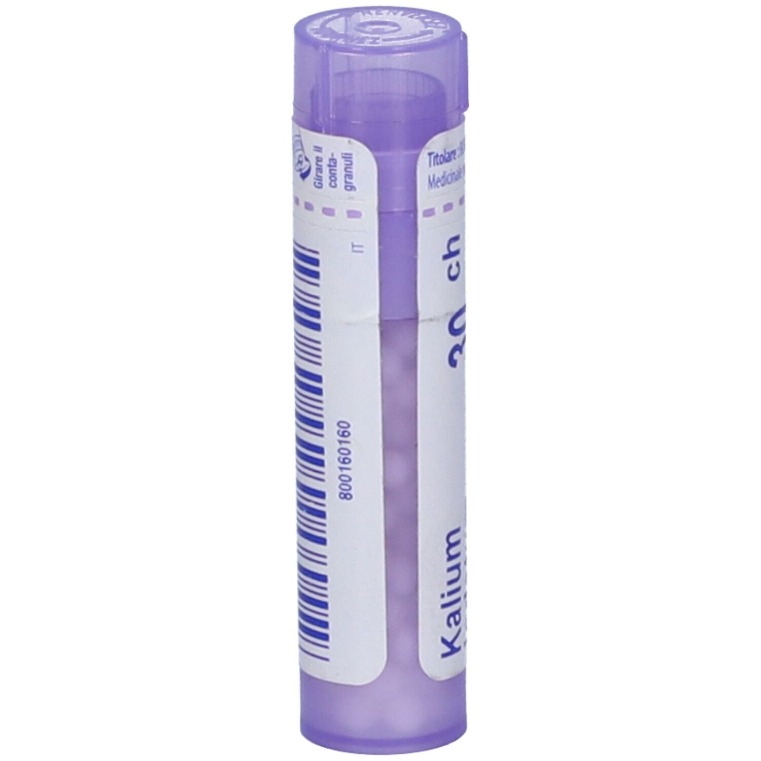 Confezione cilindrica di BOIRON® Kalium Iodatum 30 Ch Granuli. Tappo e testo viola.