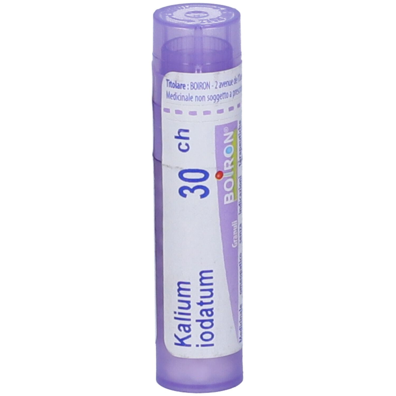 Confezione cilindrica di BOIRON® Kalium Iodatum 30 Ch Granuli. Tappo e testo viola.