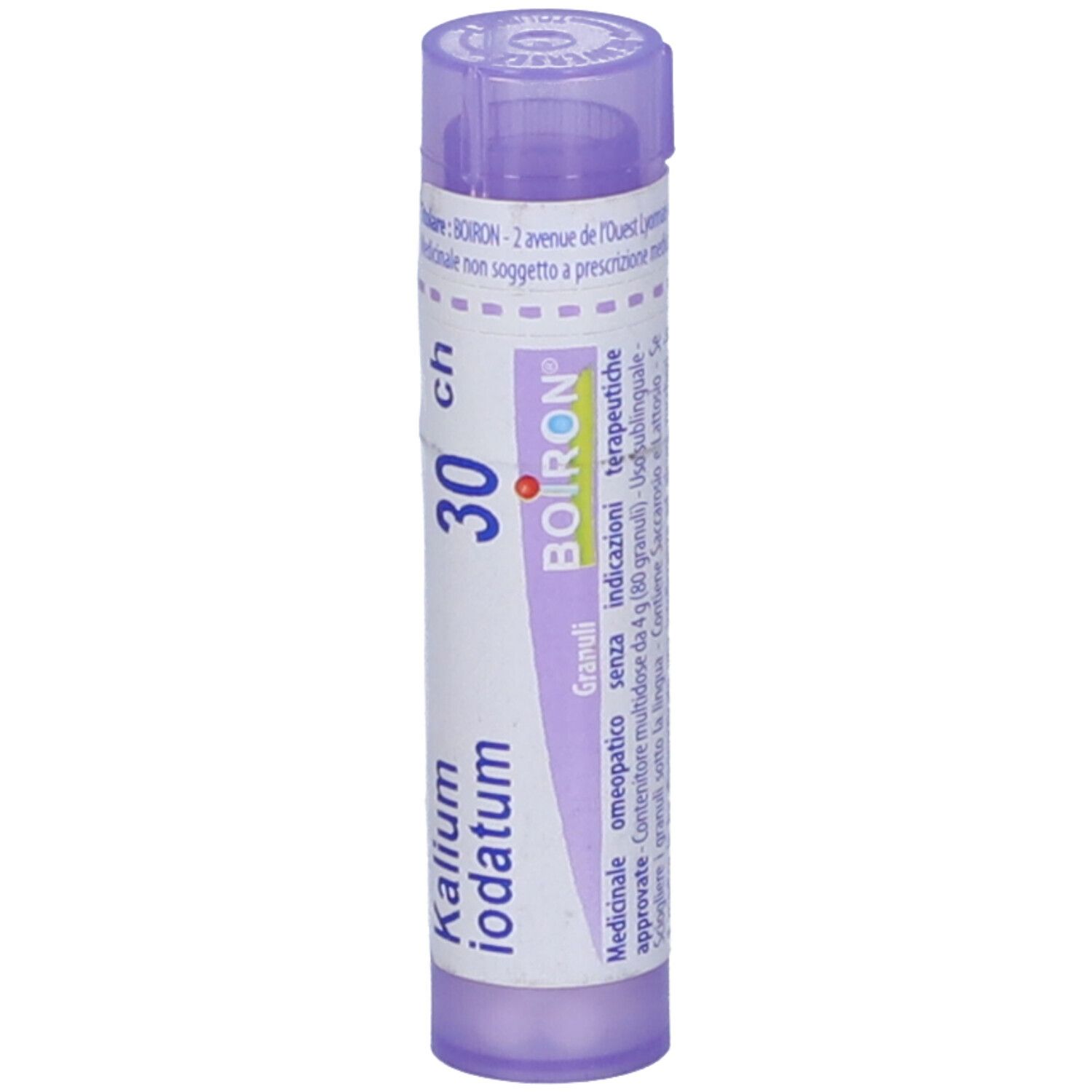 Confezione cilindrica di BOIRON® Kalium Iodatum 30 Ch Granuli. Tappo e testo viola.