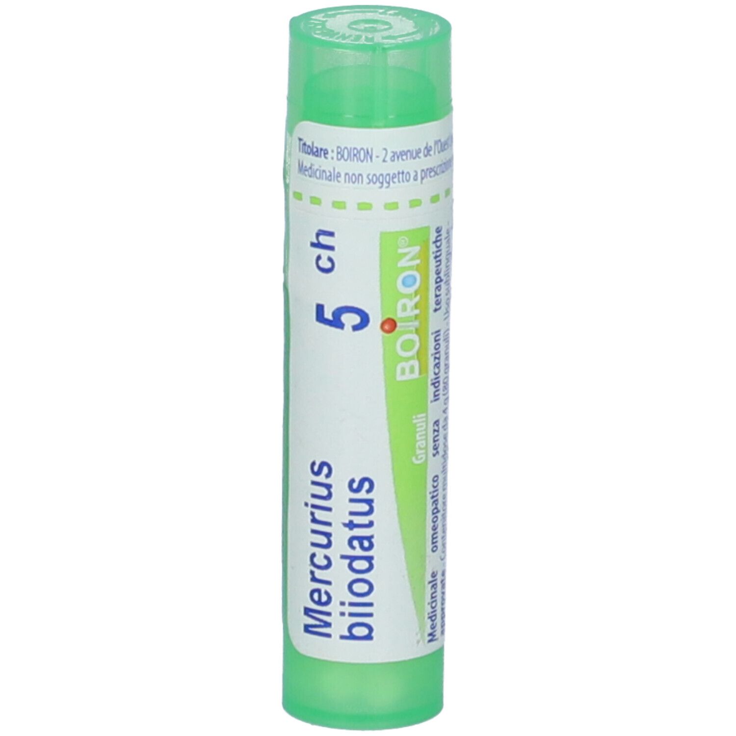Confezione cilindrica di BOIRON® Mercurius biiodatus 5Ch Granuli. Tappo verde, scritta bianca.