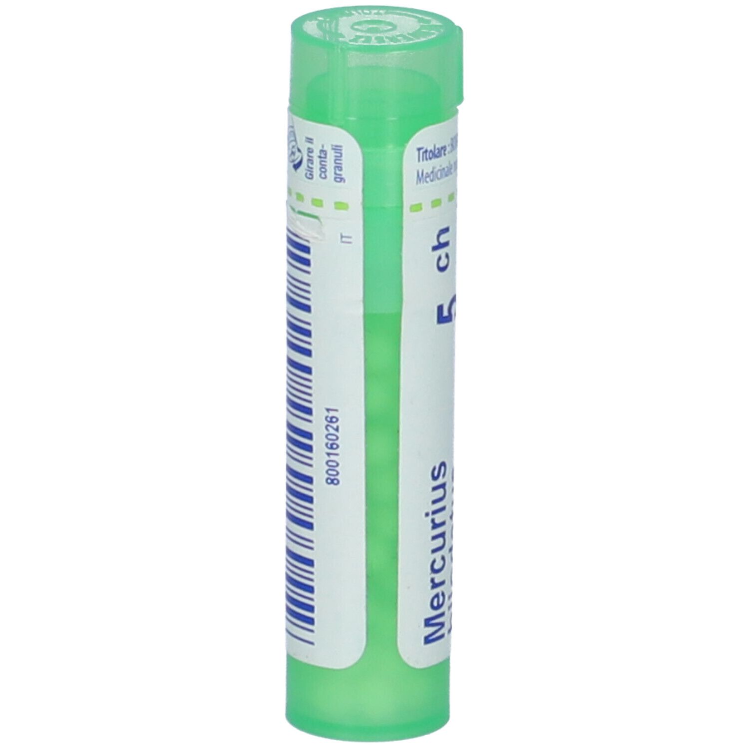 Confezione cilindrica di BOIRON® Mercurius biiodatus 5Ch Granuli. Tappo verde, scritta bianca, codice a barre.