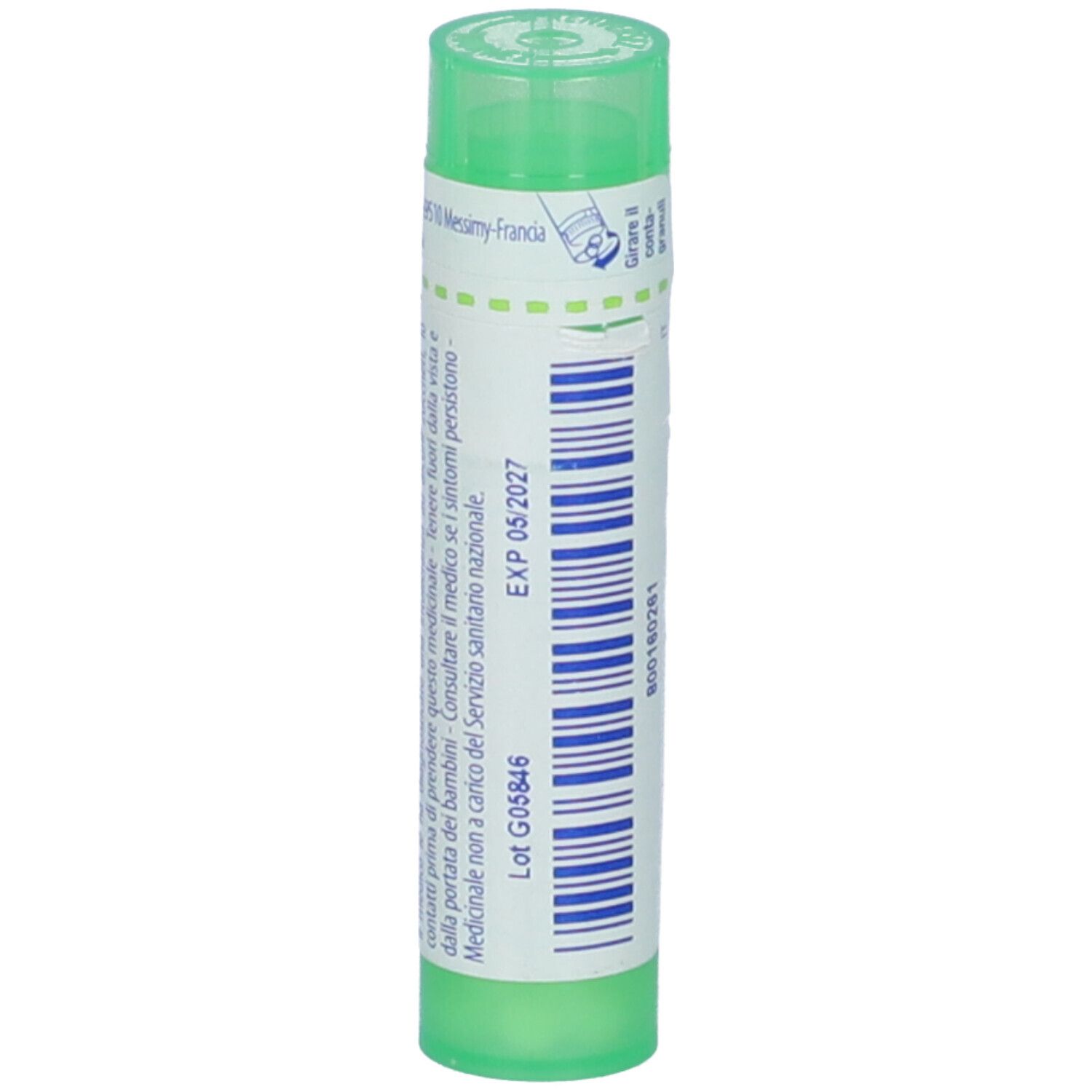Confezione cilindrica di BOIRON® Mercurius biiodatus 5Ch Granuli. Tappo verde, scritta bianca, data di scadenza.