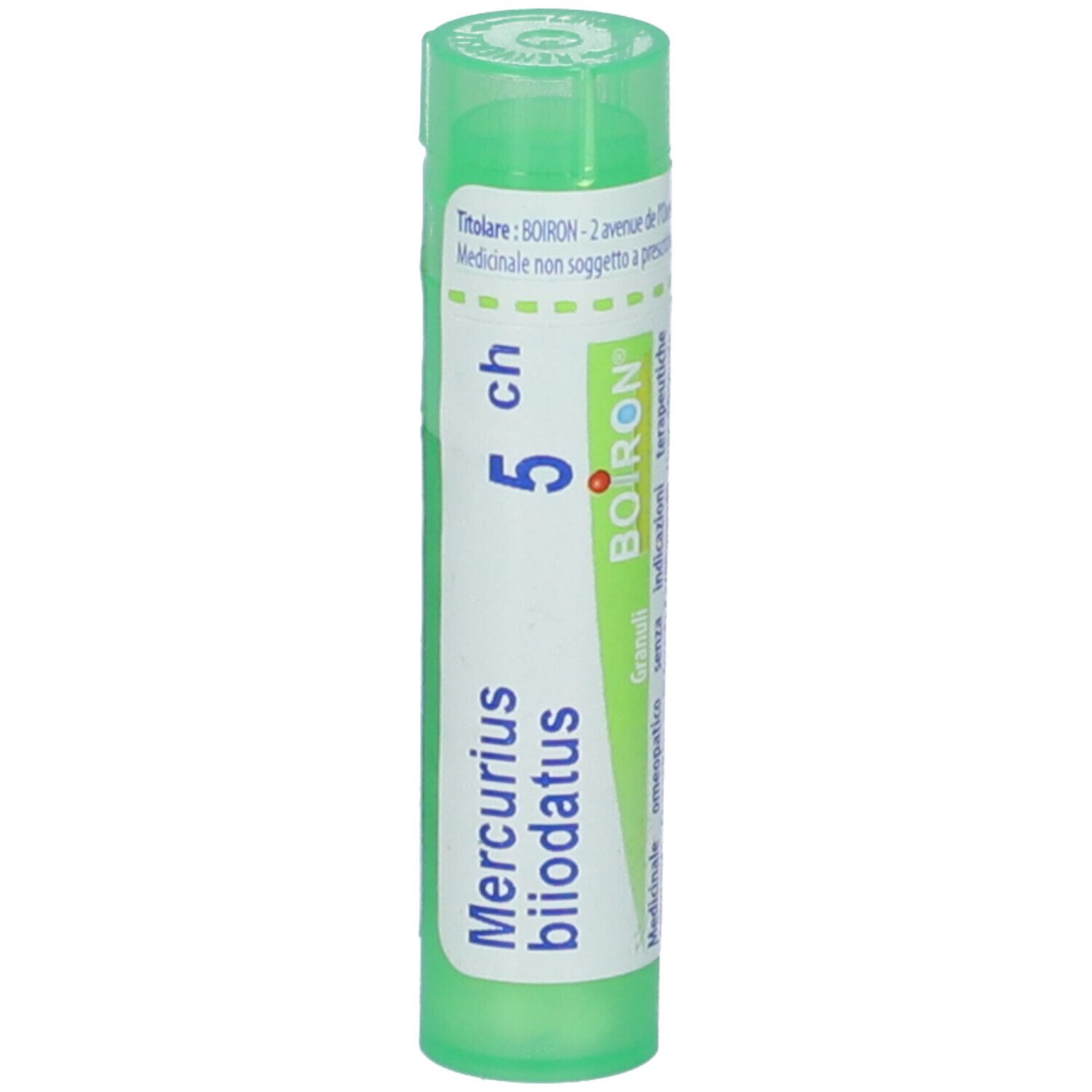 Confezione cilindrica di BOIRON® Mercurius biiodatus 5Ch Granuli. Tappo verde, scritta bianca.