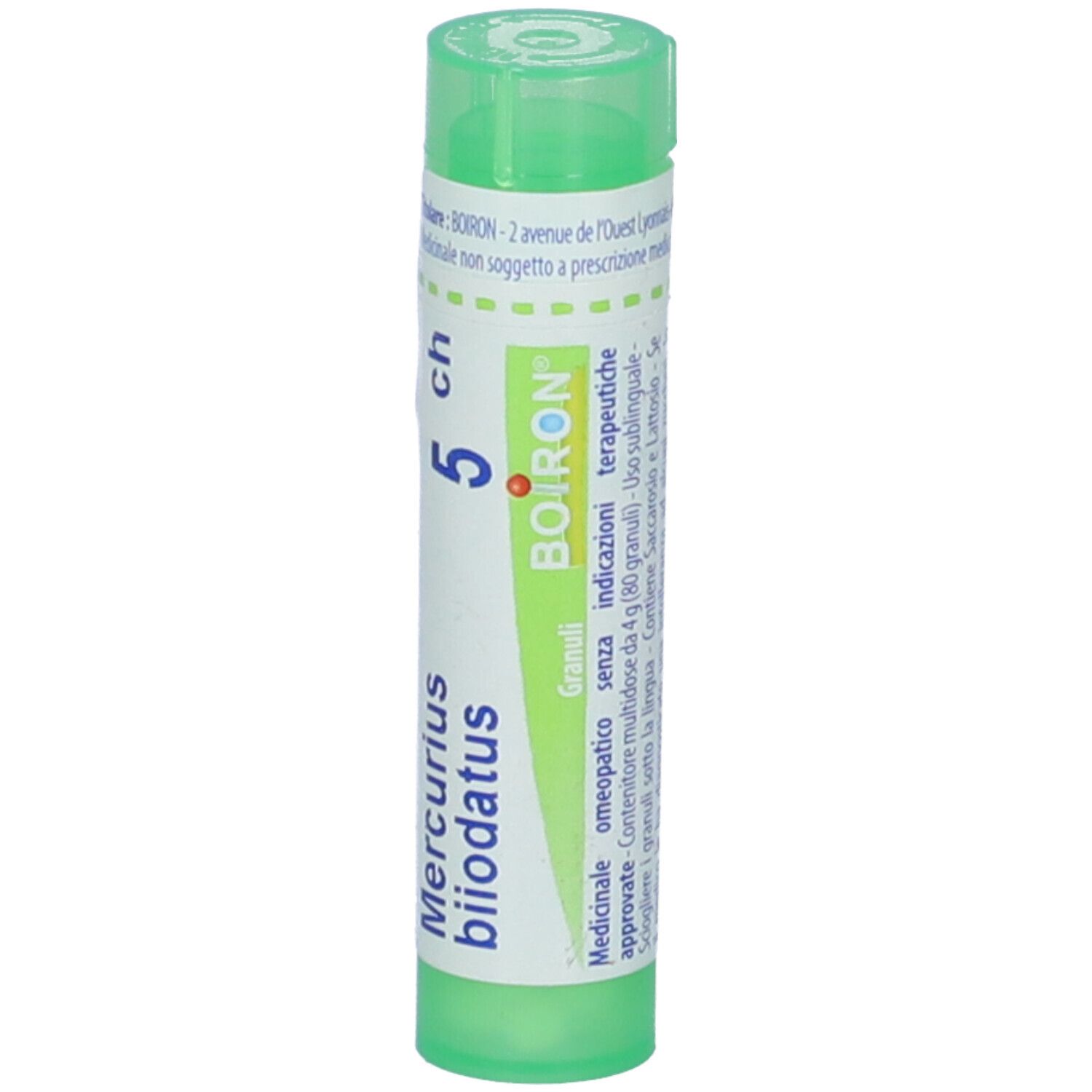 Confezione cilindrica di BOIRON® Mercurius biiodatus 5Ch Granuli. Tappo verde, scritta bianca.