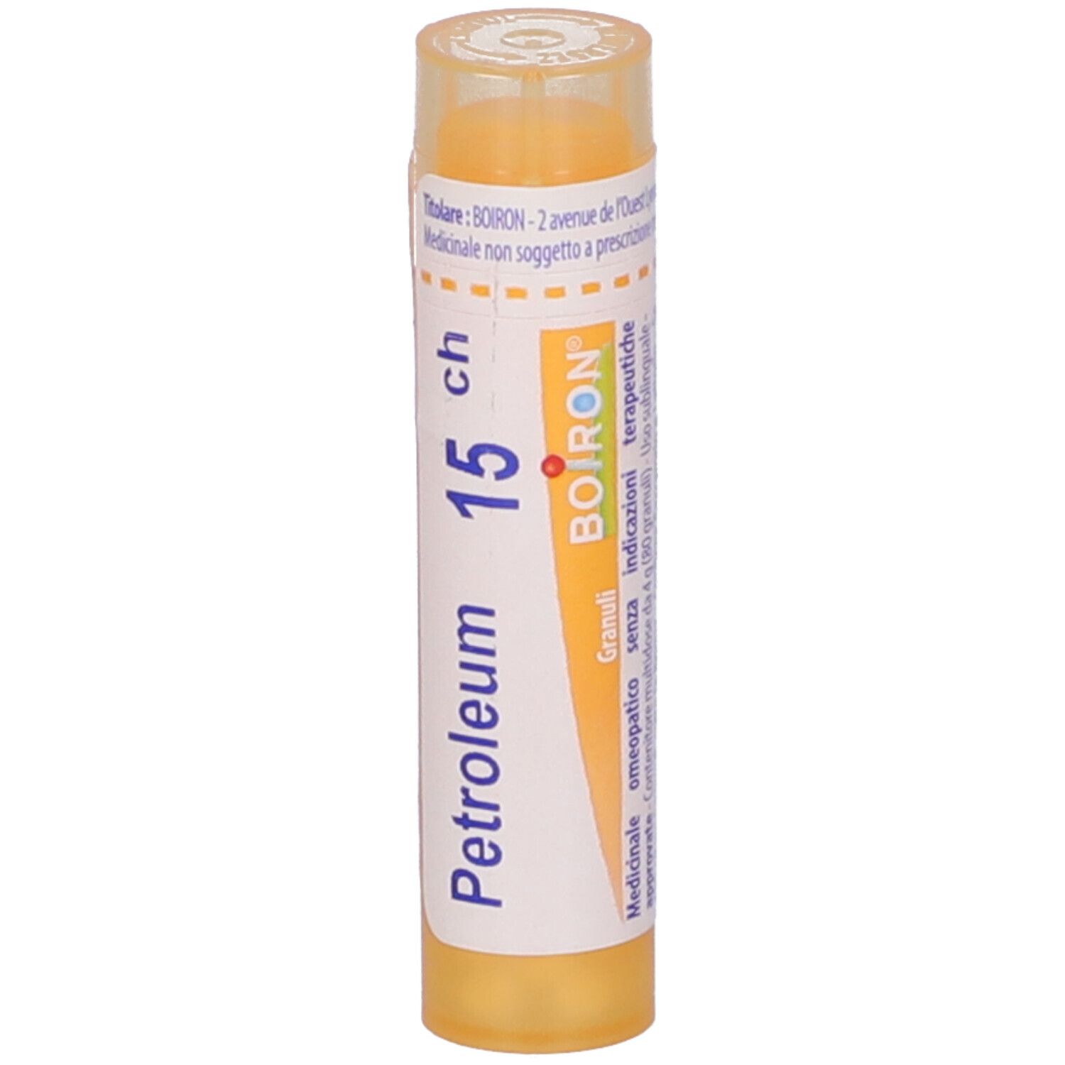 Confezione cilindrica con "Petroleum 15 ch" e logo BOIRON. Tappo giallo. Etichetta con testo.