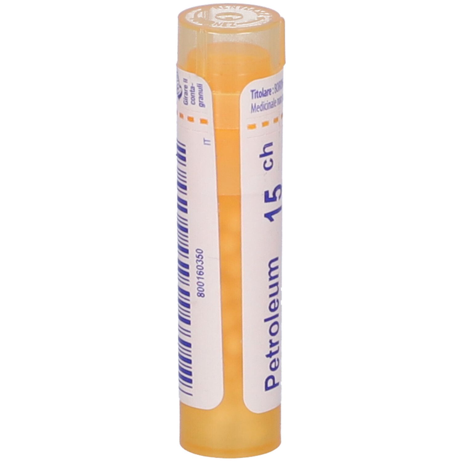 Confezione cilindrica con "Petroleum 15 ch". Tappo giallo. Etichetta con codice a barre e testo.