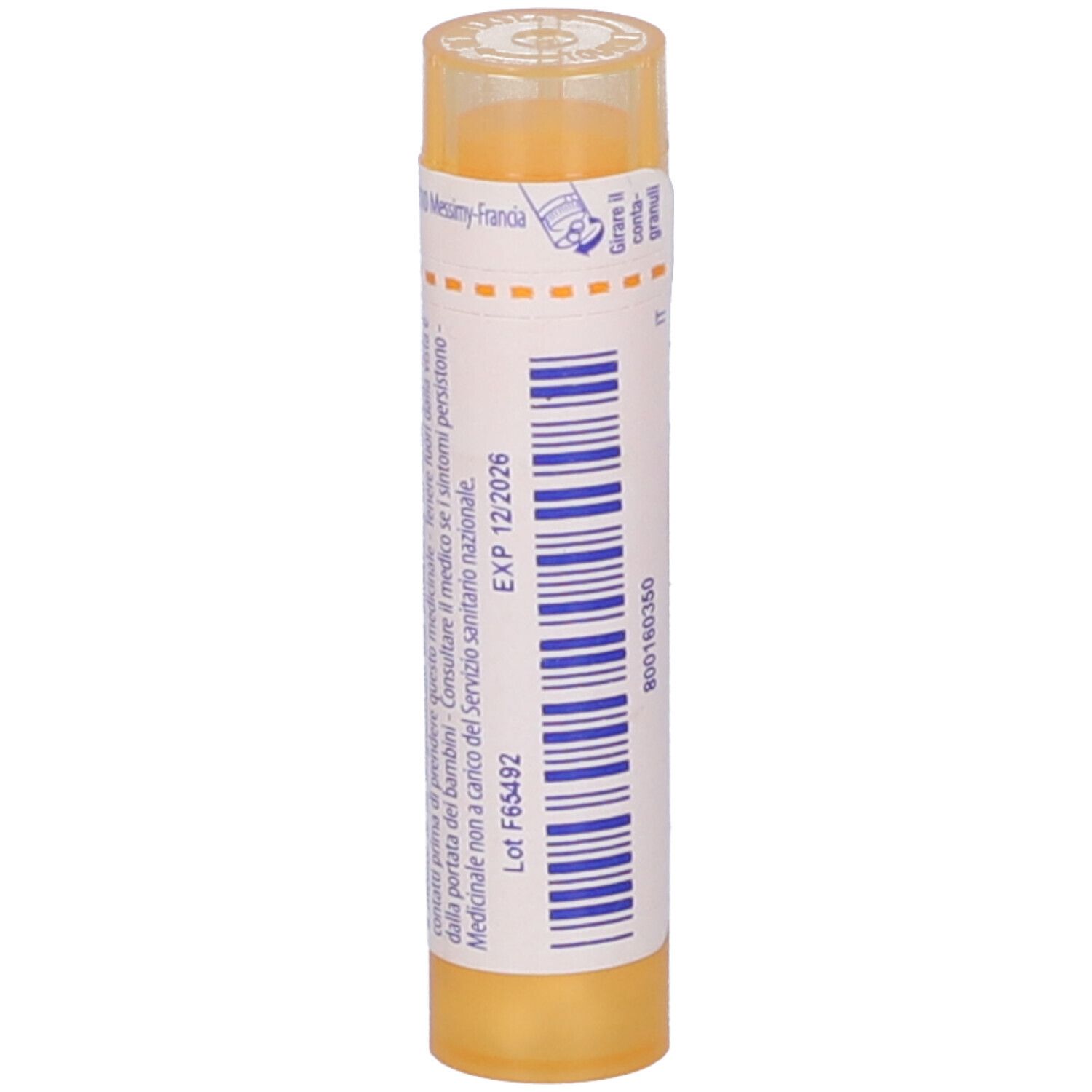 Confezione cilindrica con "Petroleum 15 ch". Tappo giallo. Etichetta con data di scadenza e testo.