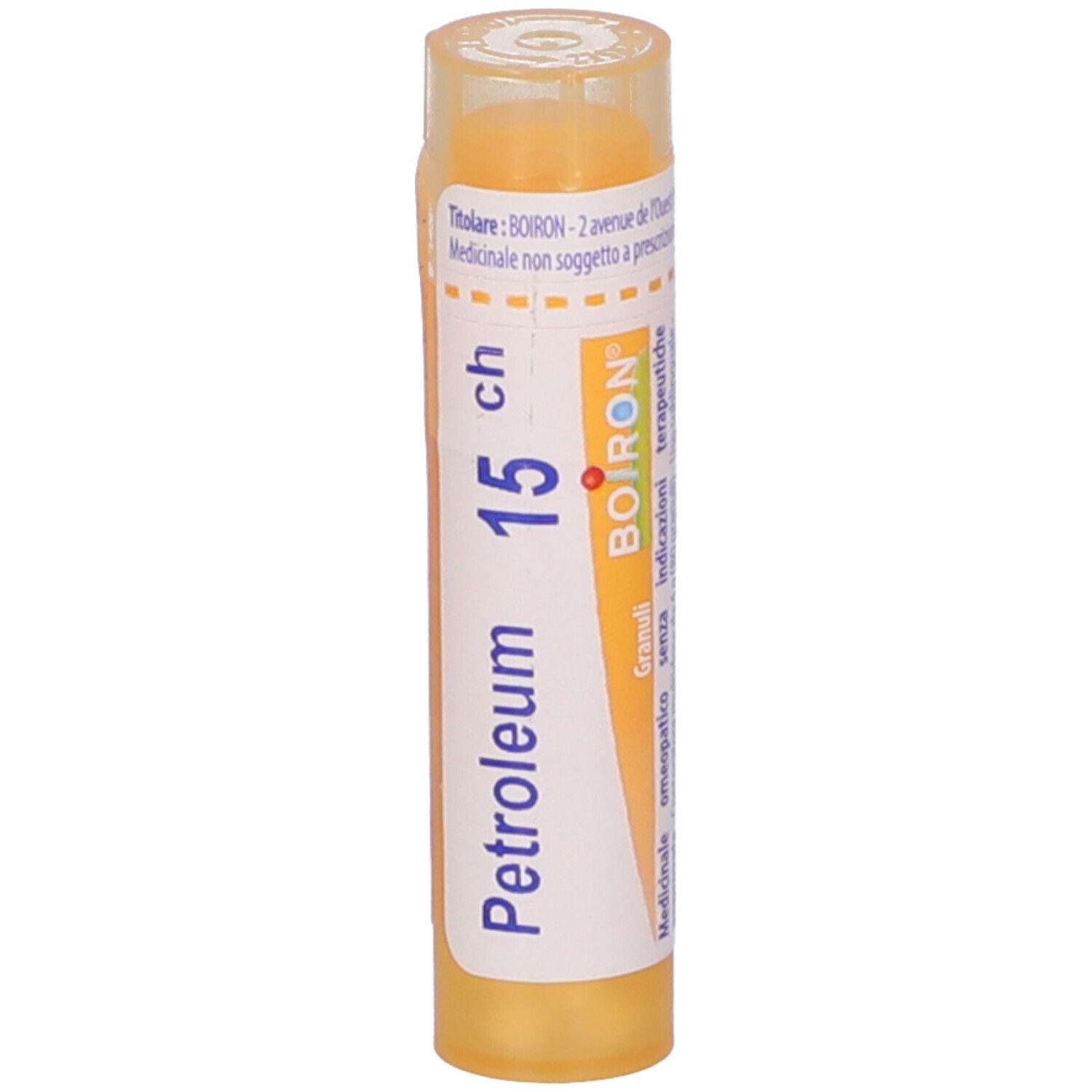Confezione cilindrica con "Petroleum 15 ch" e logo BOIRON. Tappo giallo. Etichetta con testo.