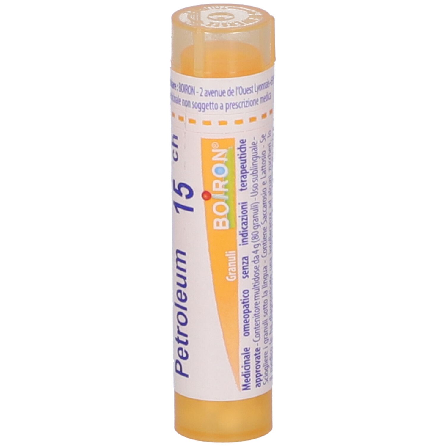 Confezione cilindrica con "Petroleum 15 ch" e logo BOIRON. Tappo giallo. Etichetta con testo.