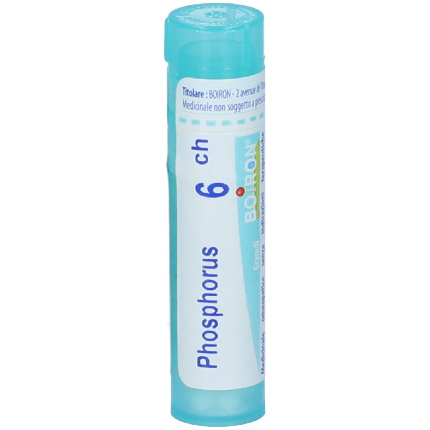 Confezione cilindrica turchese con scritta "Phosphorus 6 ch" e logo Boiron.