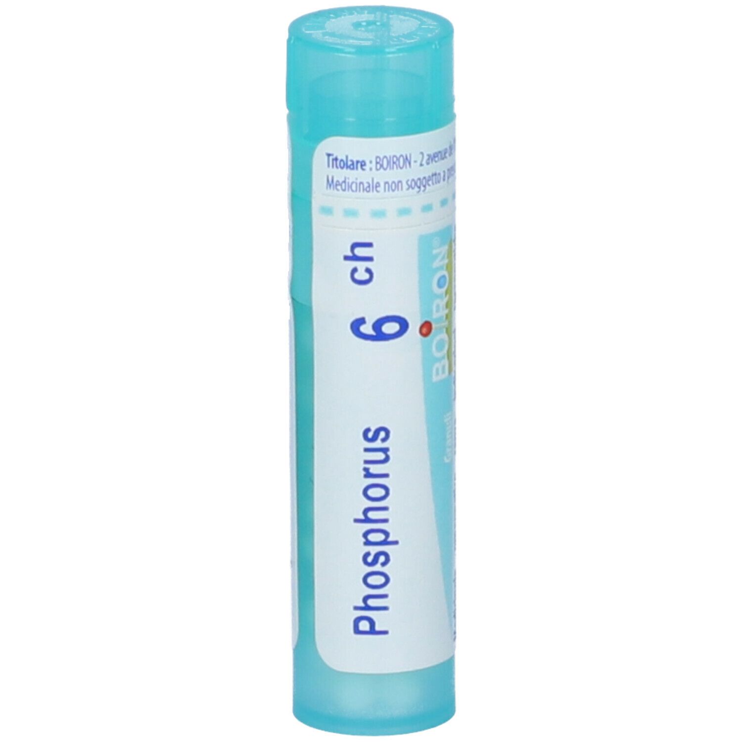 Confezione cilindrica turchese con scritta "Phosphorus 6 ch" e logo Boiron.