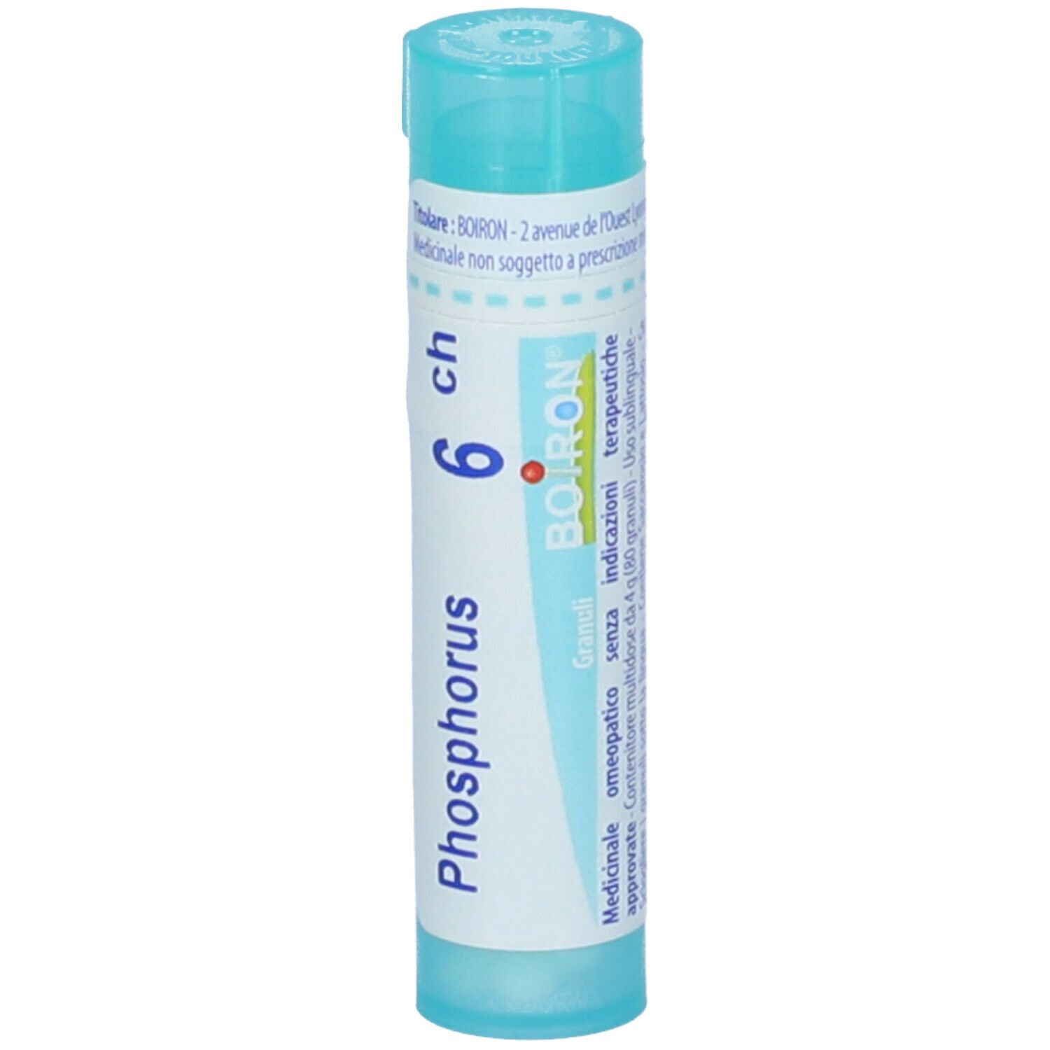 Confezione cilindrica turchese con scritta "Phosphorus 6 ch" e logo Boiron.