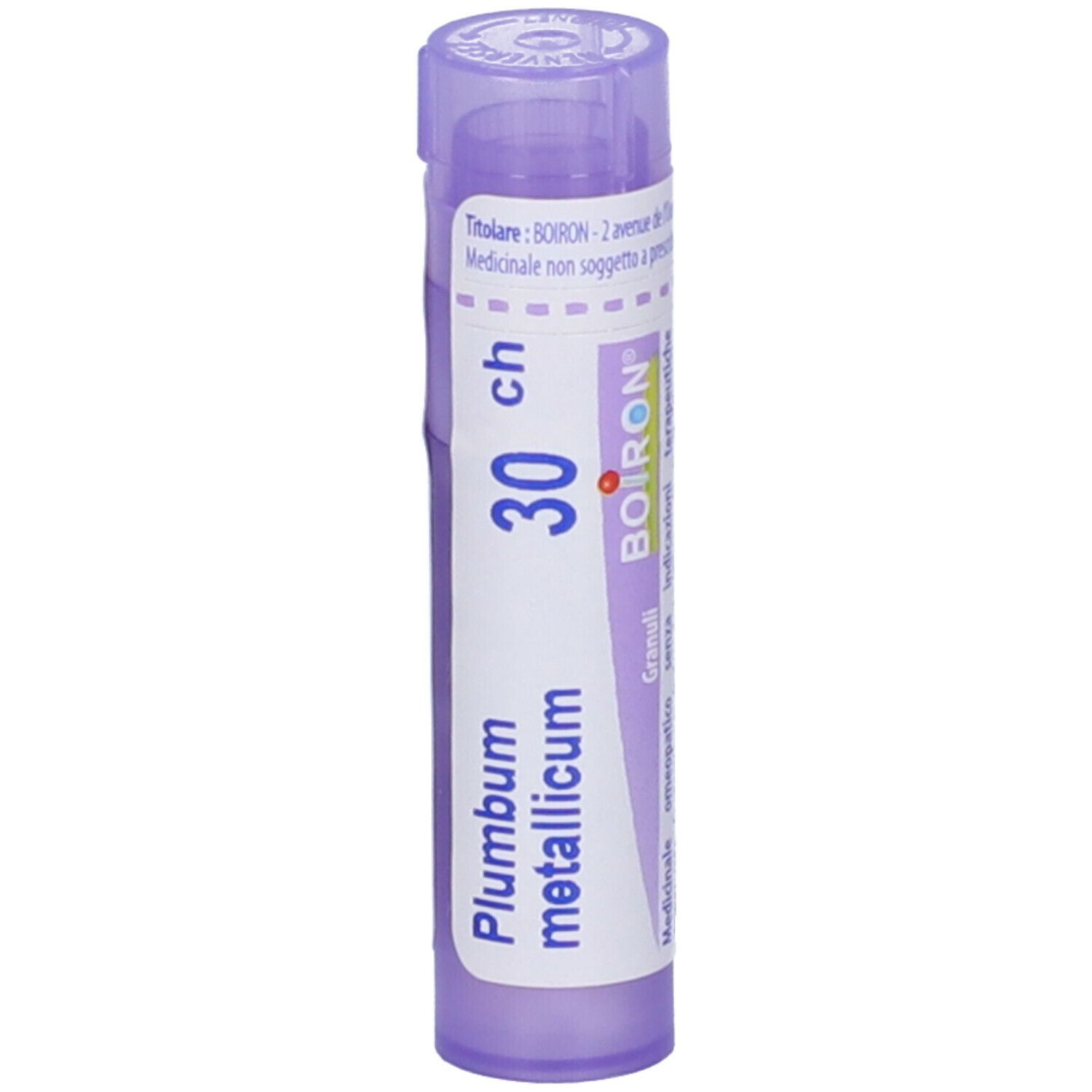 Confezione cilindrica viola con testo bianco. Scritto: Plumbum metallicum, 30 ch, BOIRON. Granuli.