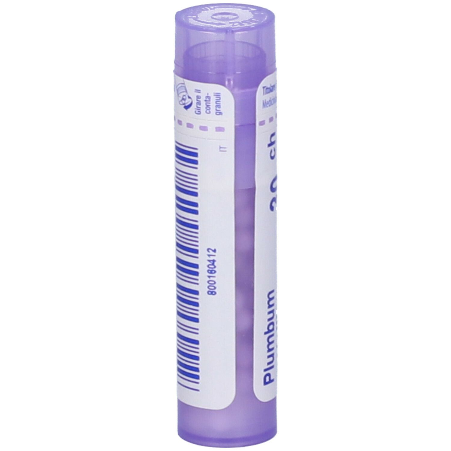 Confezione cilindrica viola con testo bianco. Scritto: Plumbum metallicum, 30 ch, BOIRON. Granuli.