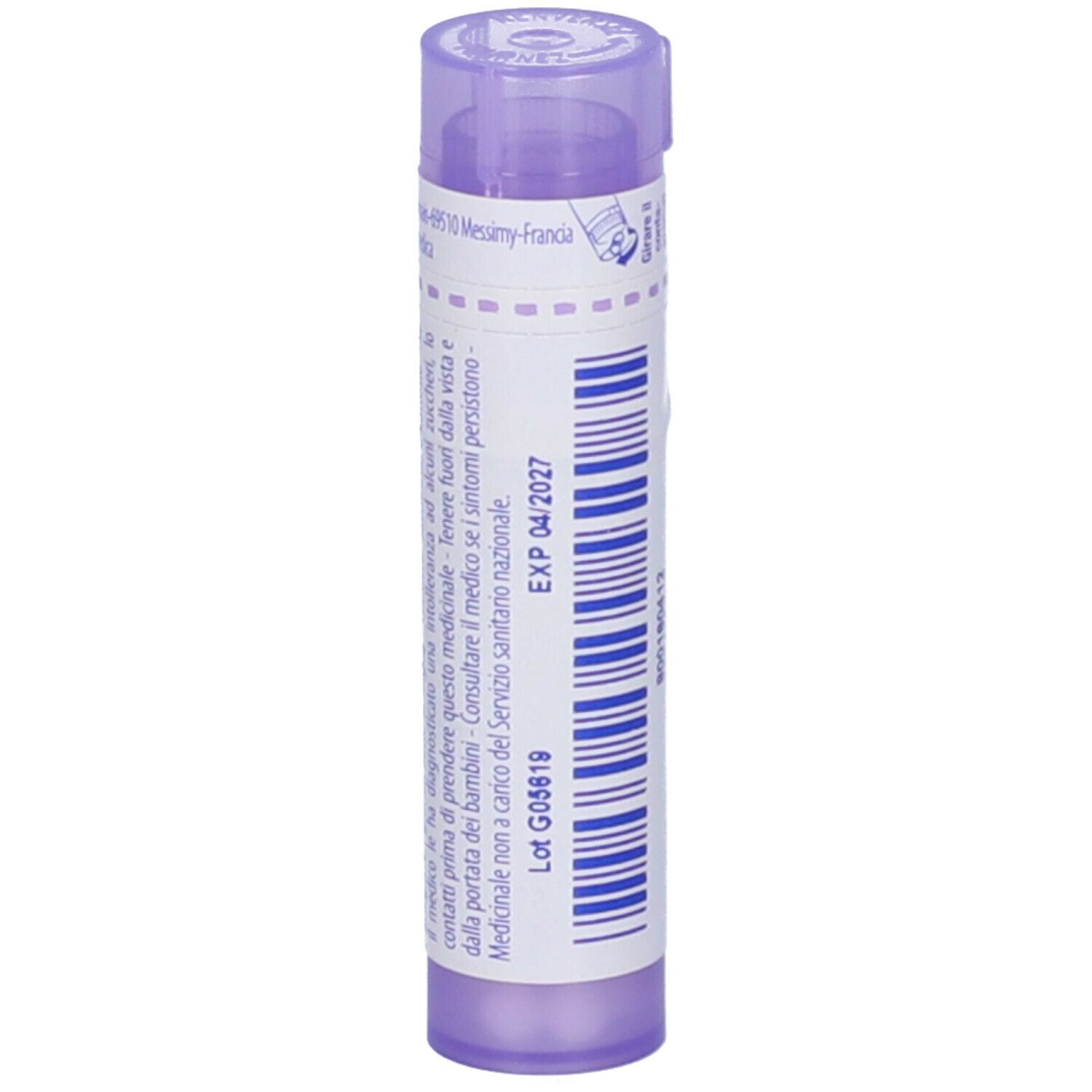 Confezione cilindrica viola con testo bianco. Scritto: Plumbum metallicum, 30 ch, BOIRON. Granuli.