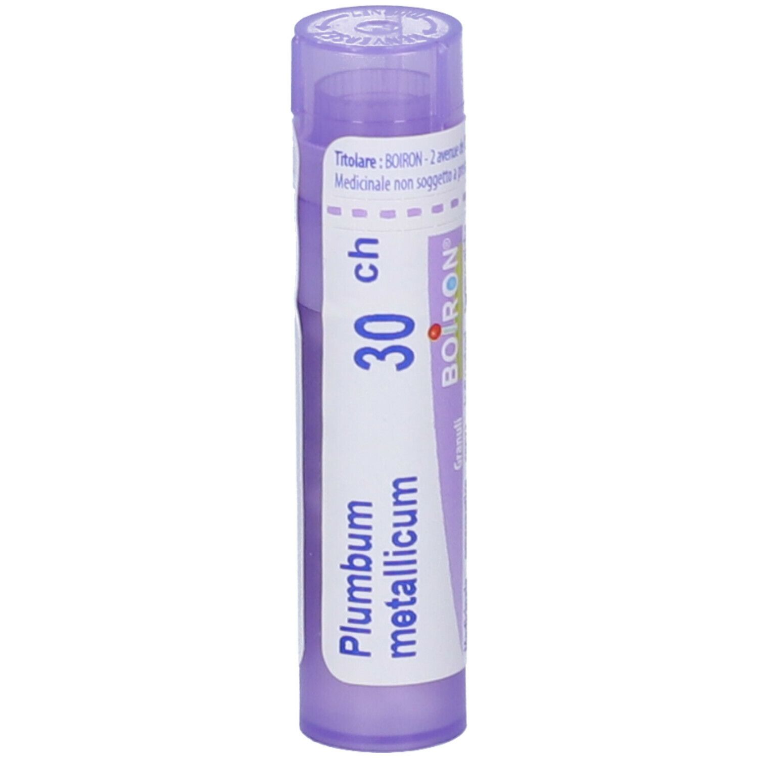 Confezione cilindrica viola con testo bianco. Scritto: Plumbum metallicum, 30 ch, BOIRON. Granuli.