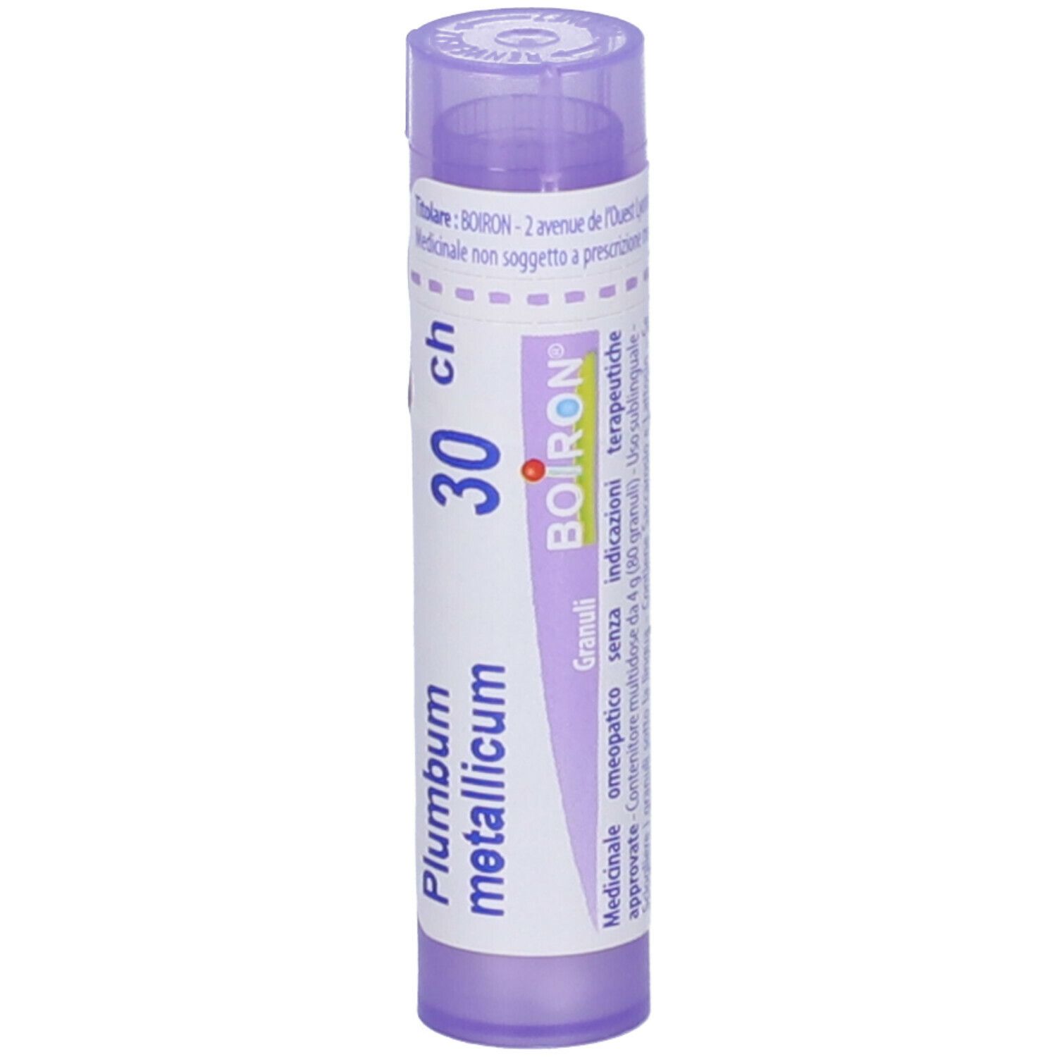 Confezione cilindrica viola con testo bianco. Scritto: Plumbum metallicum, 30 ch, BOIRON. Granuli.