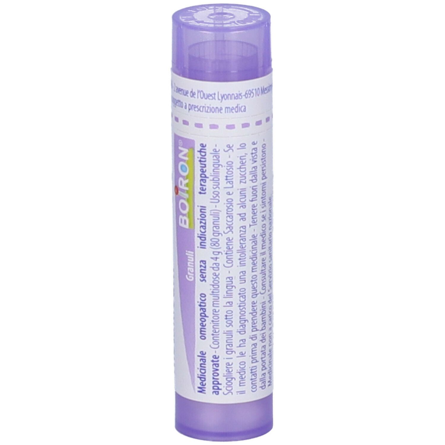 Confezione cilindrica viola con testo bianco. Scritto: Plumbum metallicum, 30 ch, BOIRON. Granuli.