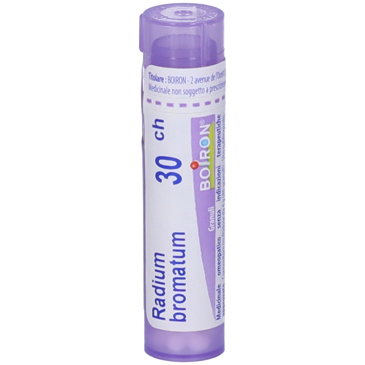 Tubo cilindrico viola con scritta bianca: Radium bromatum 30 ch, BOIRON. Granuli. Etichetta.