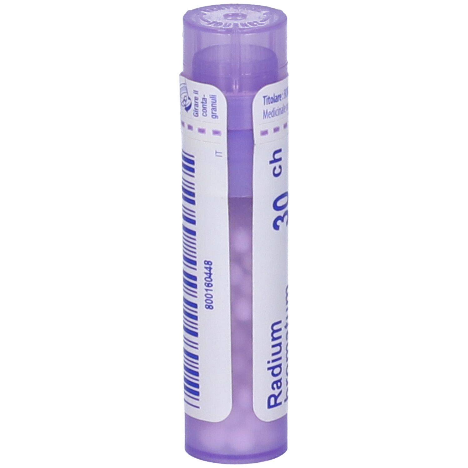 Tubo cilindrico viola con scritta bianca: Radium bromatum 30 ch, BOIRON. Granuli. Codice a barre.