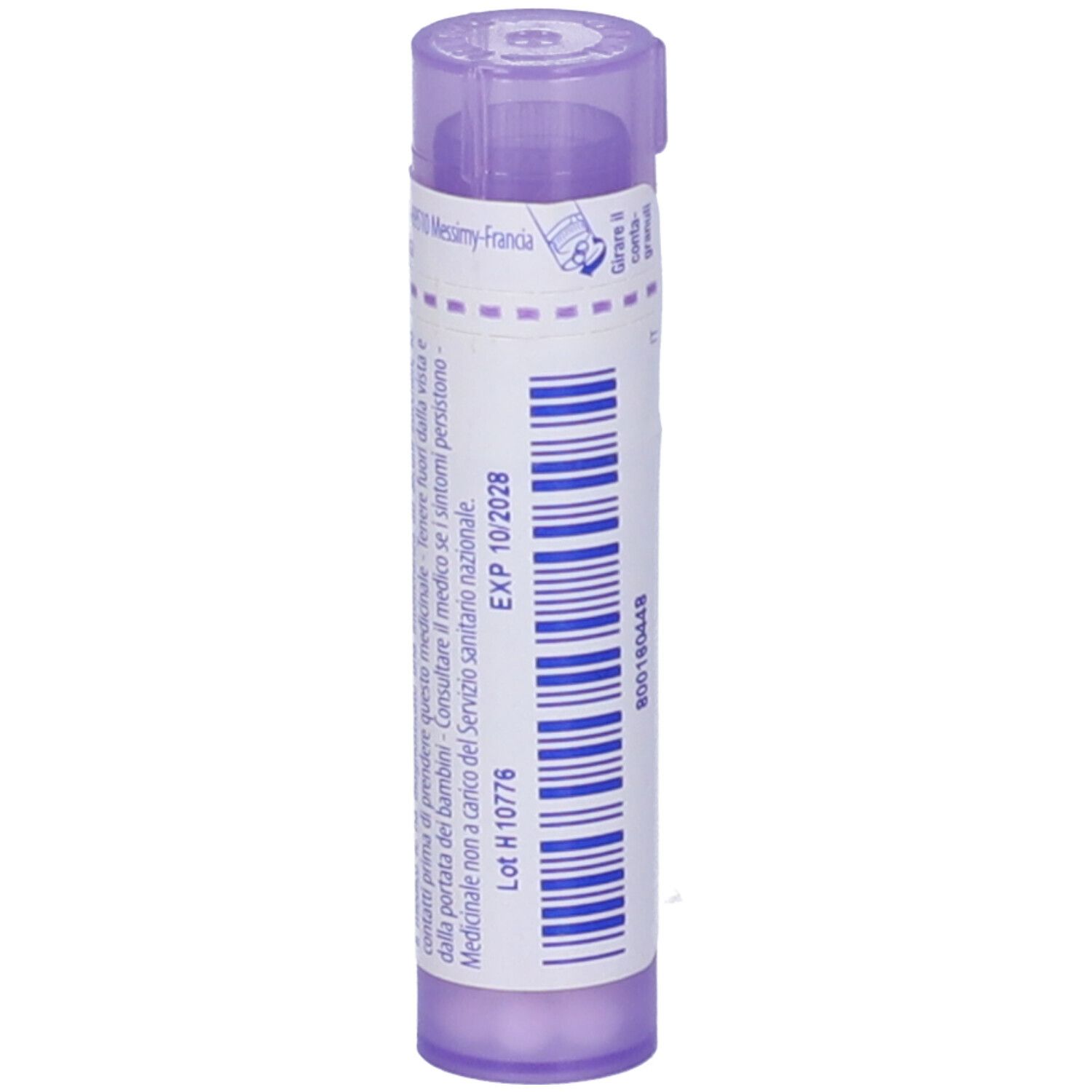 Tubo cilindrico viola con scritta bianca. Etichetta con testo e data di scadenza: EXP 10/2028.