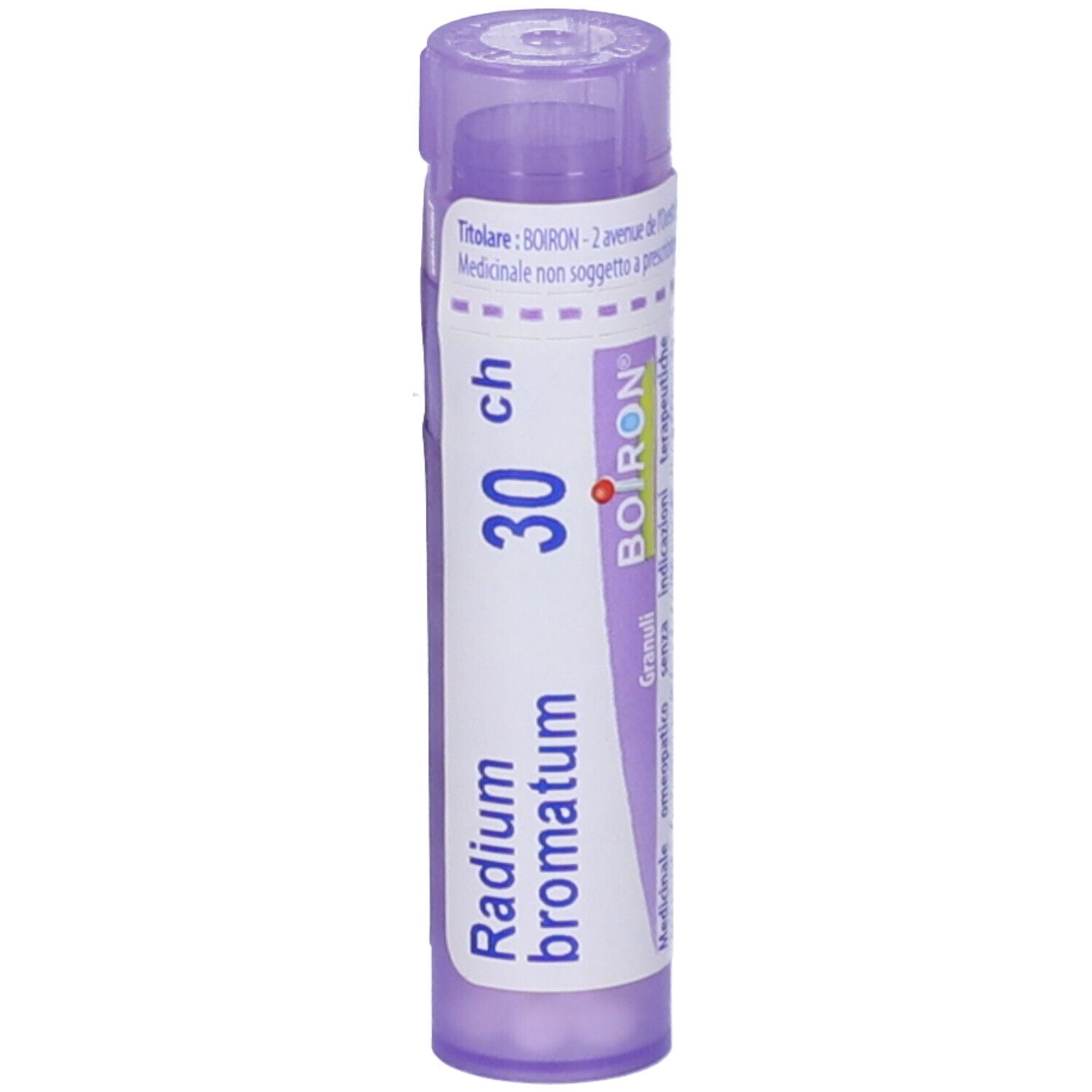 Tubo cilindrico viola con scritta bianca: Radium bromatum 30 ch, BOIRON. Granuli. Etichetta.