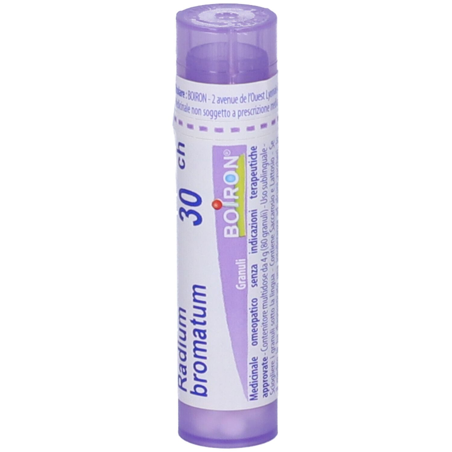Tubo cilindrico viola con scritta bianca: Radium bromatum 30 ch, BOIRON. Granuli. Etichetta.
