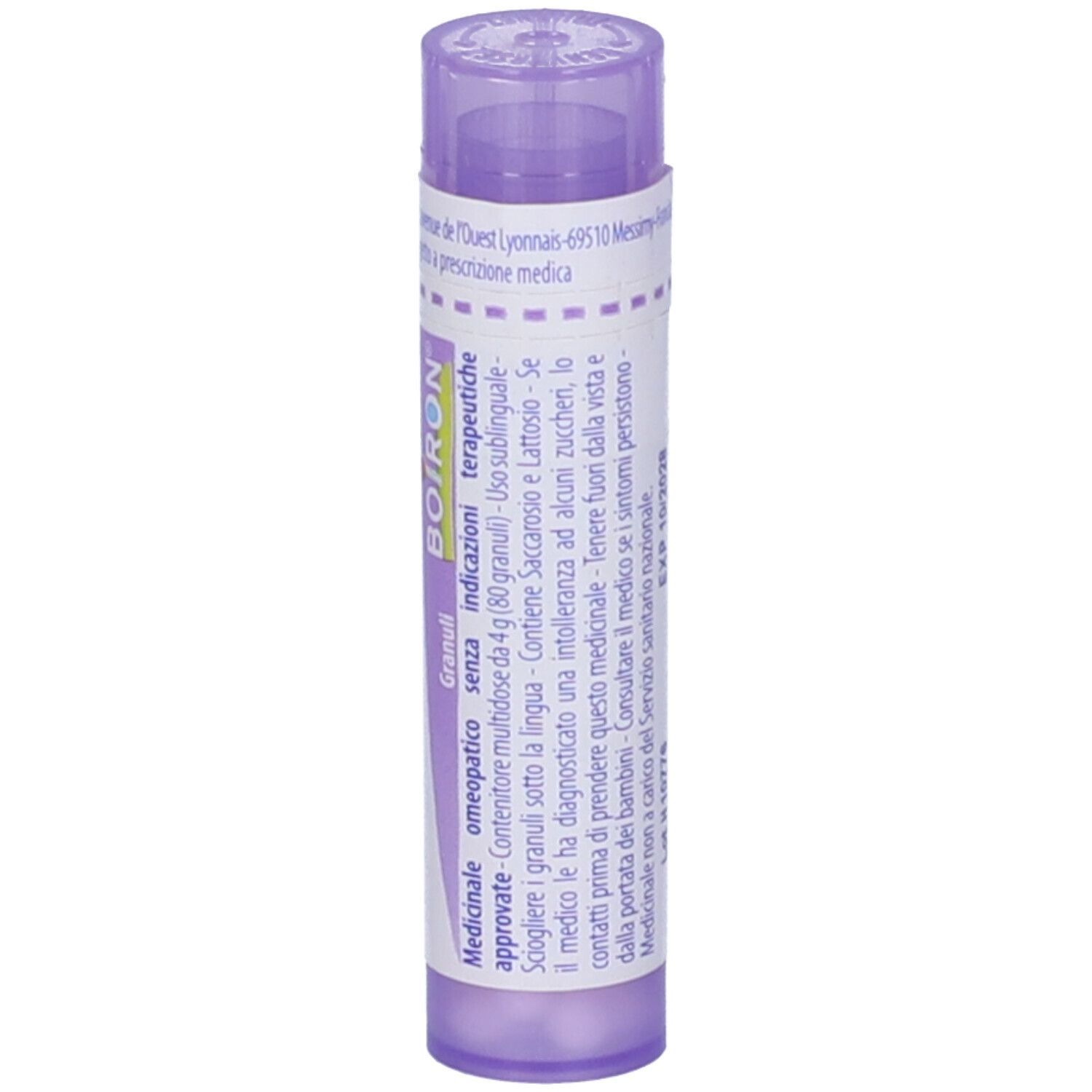 Tubo cilindrico viola con scritta bianca: Radium bromatum 30 ch, BOIRON. Granuli. Etichetta.