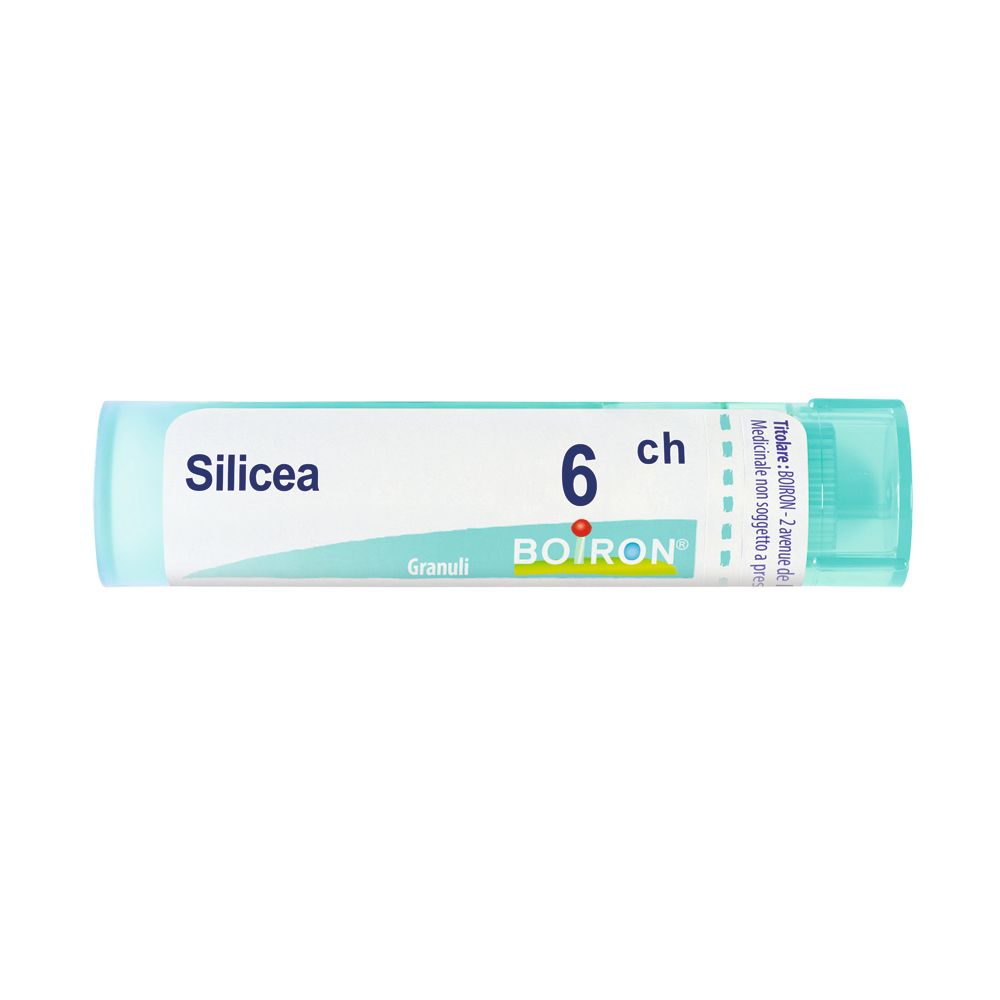 Confezione cilindrica con tappo blu. Scritta: Silicea 6 ch, Boiron, Granuli.