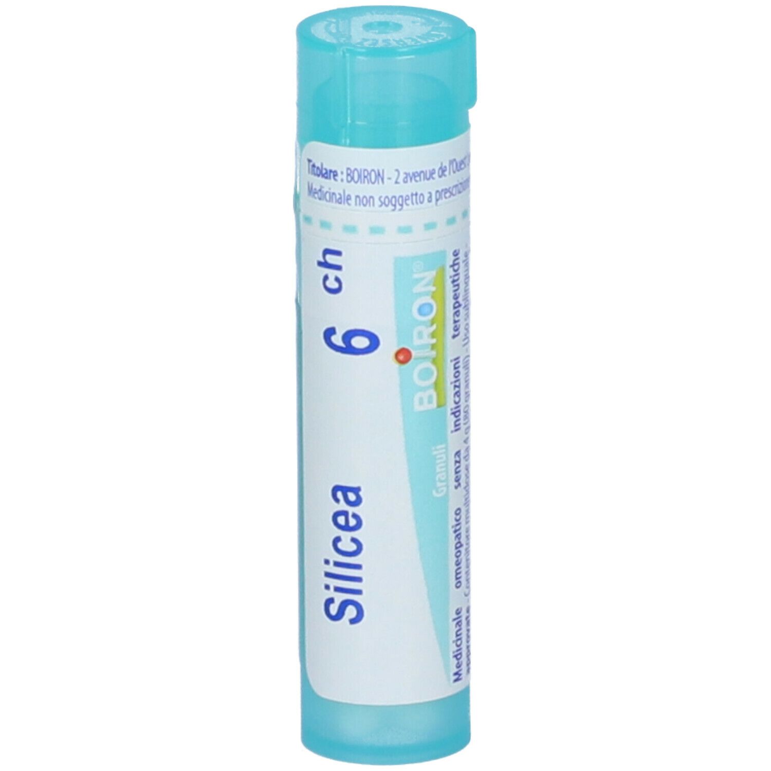 Tubo cilindrico azzurro. Scritta: Silicea 6 ch, Boiron. Con apertura dosatrice.