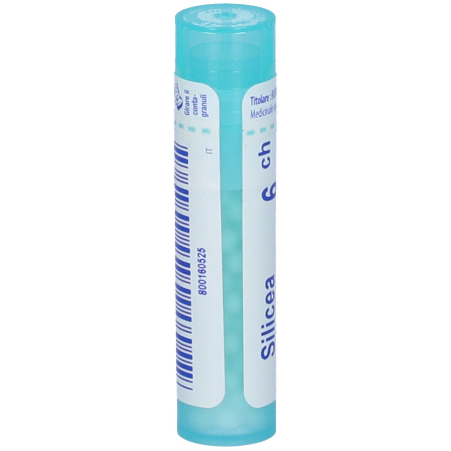 Tubo cilindrico azzurro. Scritta: Silicea 6 ch, Boiron. Con codice a barre e testi.