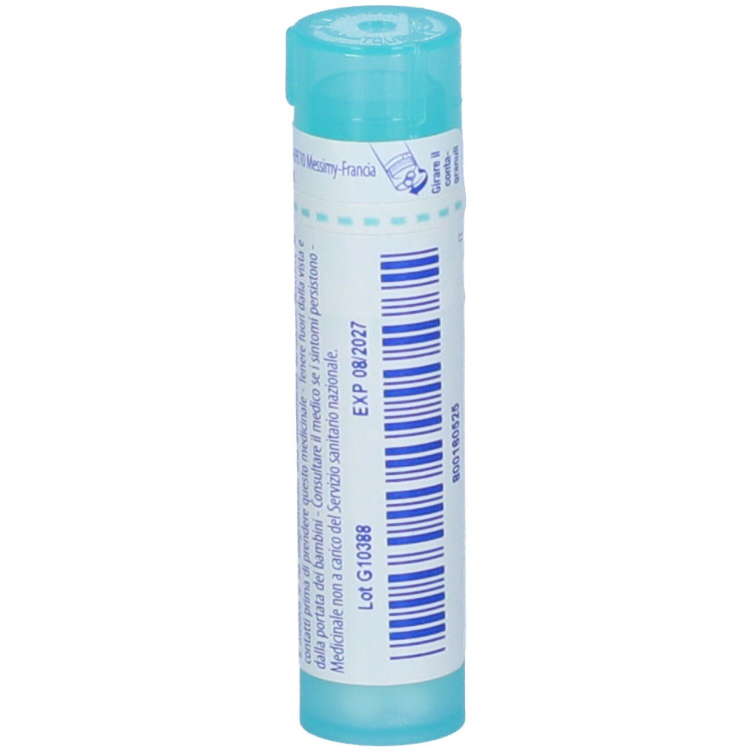 Tubo cilindrico azzurro. Scritta: Silicea 6 ch, Boiron. Con data di scadenza e numero di lotto.