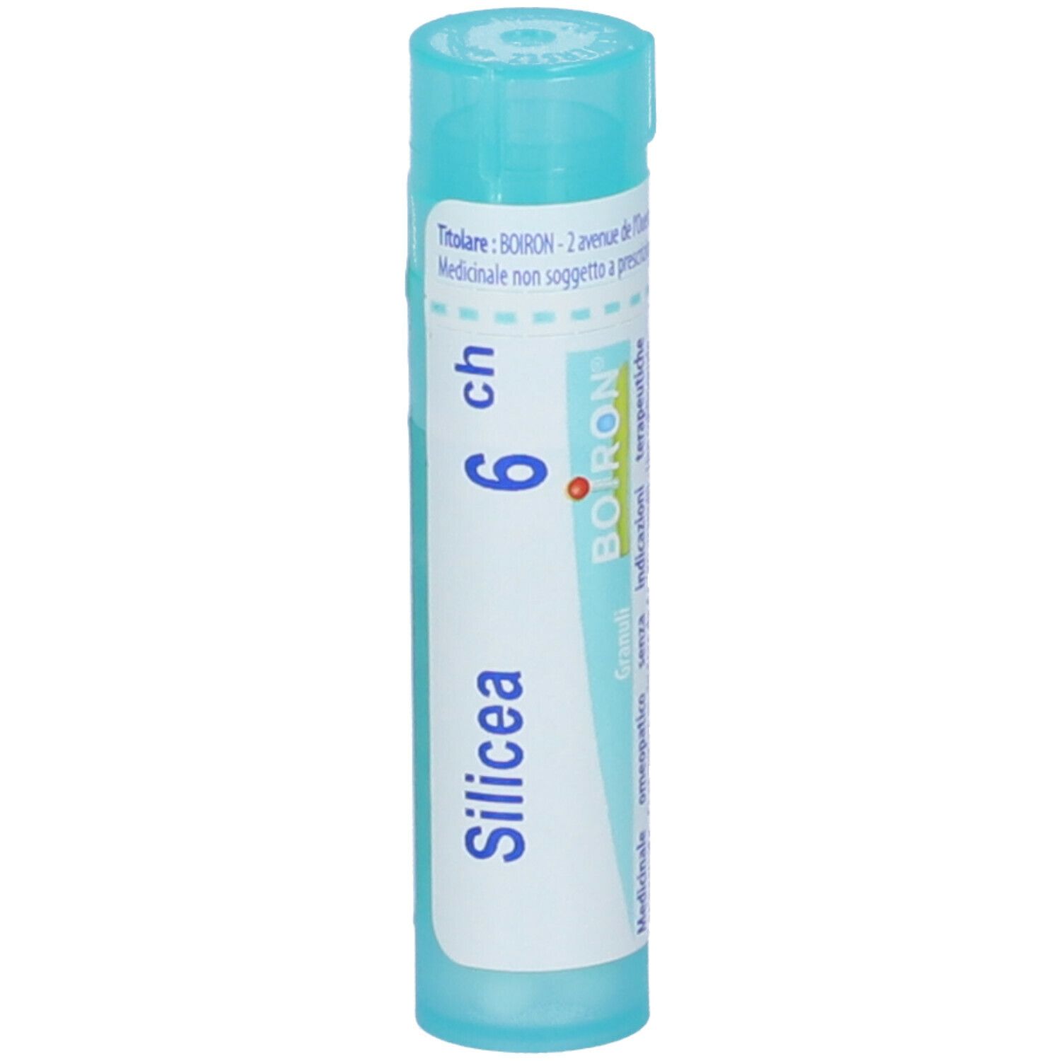 Tubo cilindrico azzurro. Scritta: Silicea 6 ch, Boiron. Con punto rosso.