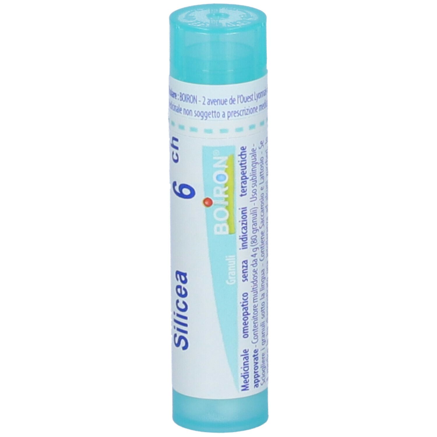 Tubo cilindrico azzurro. Scritta: Silicea 6 ch, Boiron. Con altri testi.