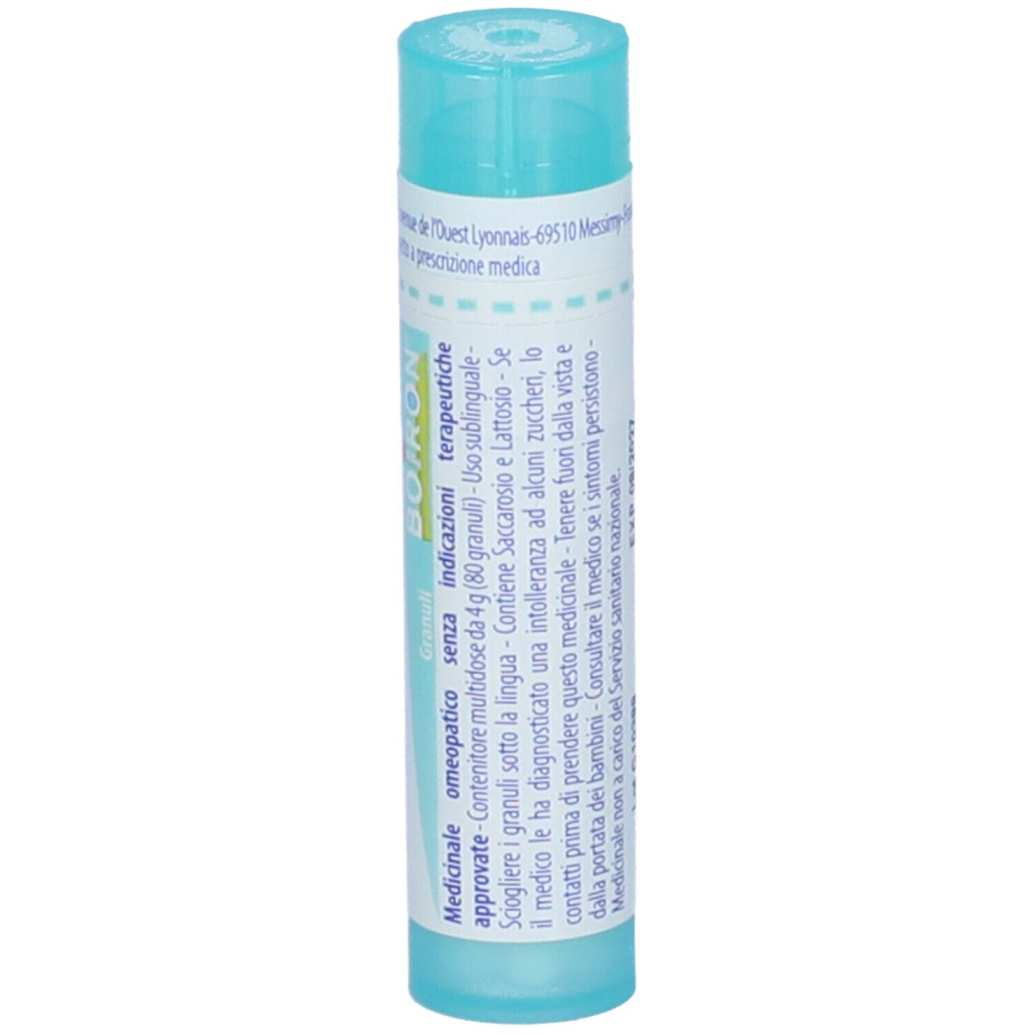 Tubo cilindrico azzurro. Scritta: Silicea 6 ch, Boiron. Con testi e informazioni.