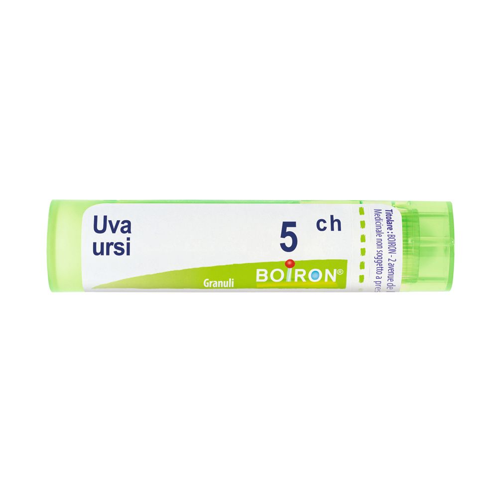Confezione cilindrica verde con etichetta bianca. Scritta: Uva ursi, 5 ch, BOIRON. Granuli.