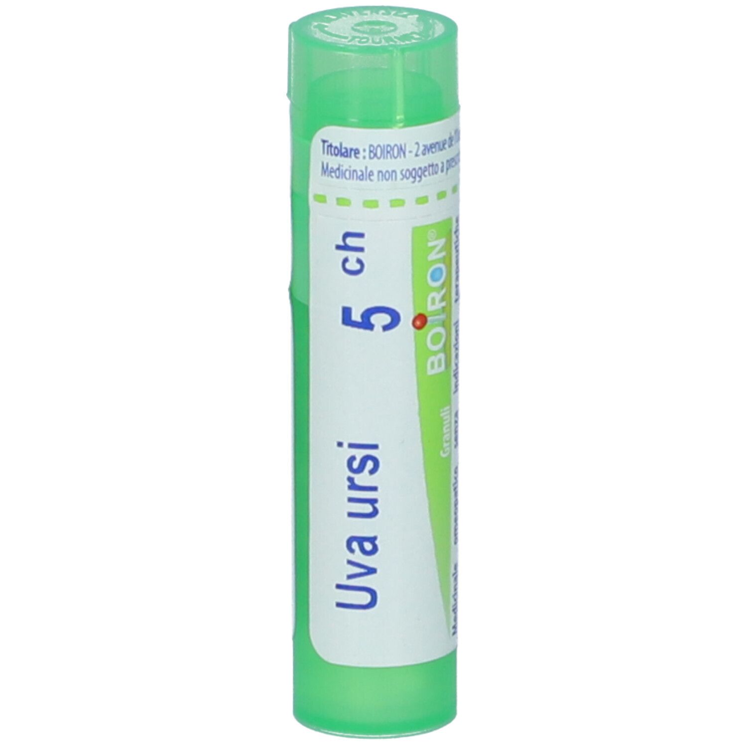 Confezione cilindrica verde. Scritta: Uva ursi, 5 ch, BOIRON. Granuli. Etichetta con informazioni.