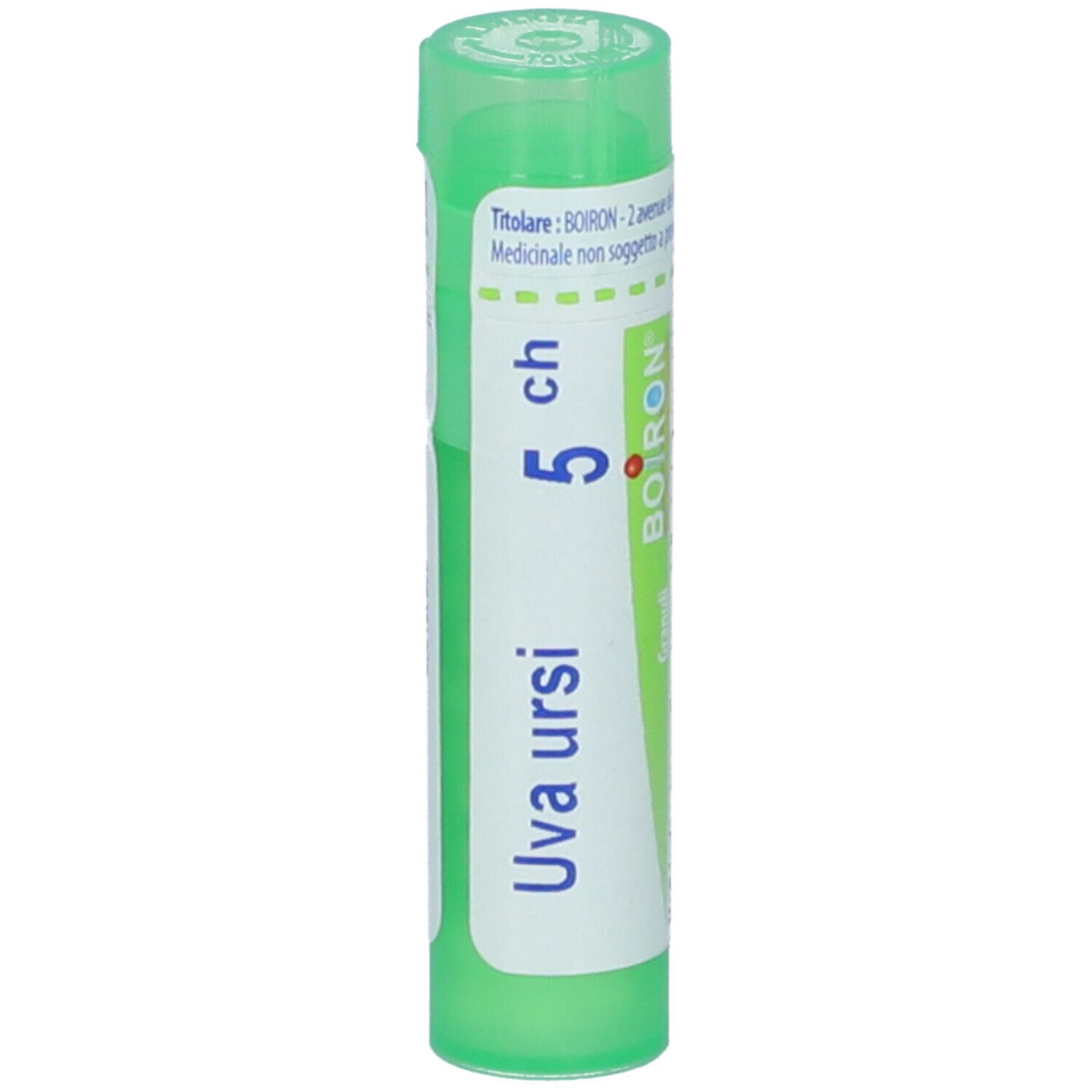Confezione cilindrica verde. Scritta: Uva ursi, 5 ch, BOIRON. Granuli. Etichetta con informazioni.