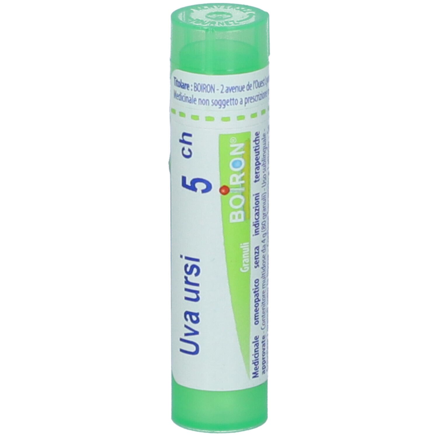 Confezione cilindrica verde. Scritta: Uva ursi, 5 ch, BOIRON. Granuli. Etichetta con informazioni.