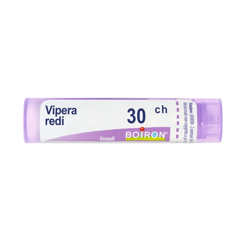Confezione cilindrica 'Vipera redi 30 ch Granuli' e logo 'BOIRON'. Etichetta bianca e viola.